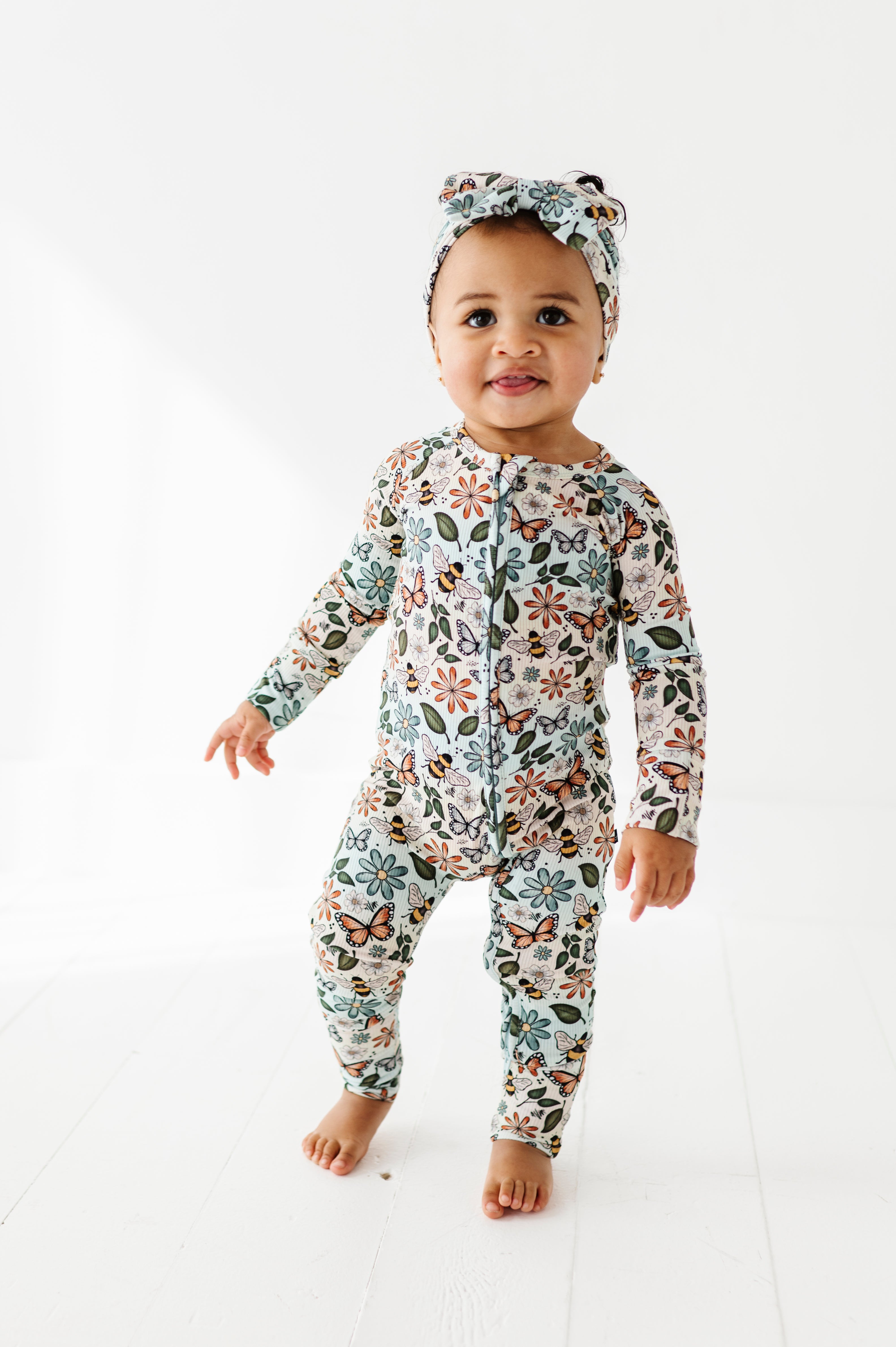 RIBBED ZIP JAMMIES - BUZZING BLOSSOMS