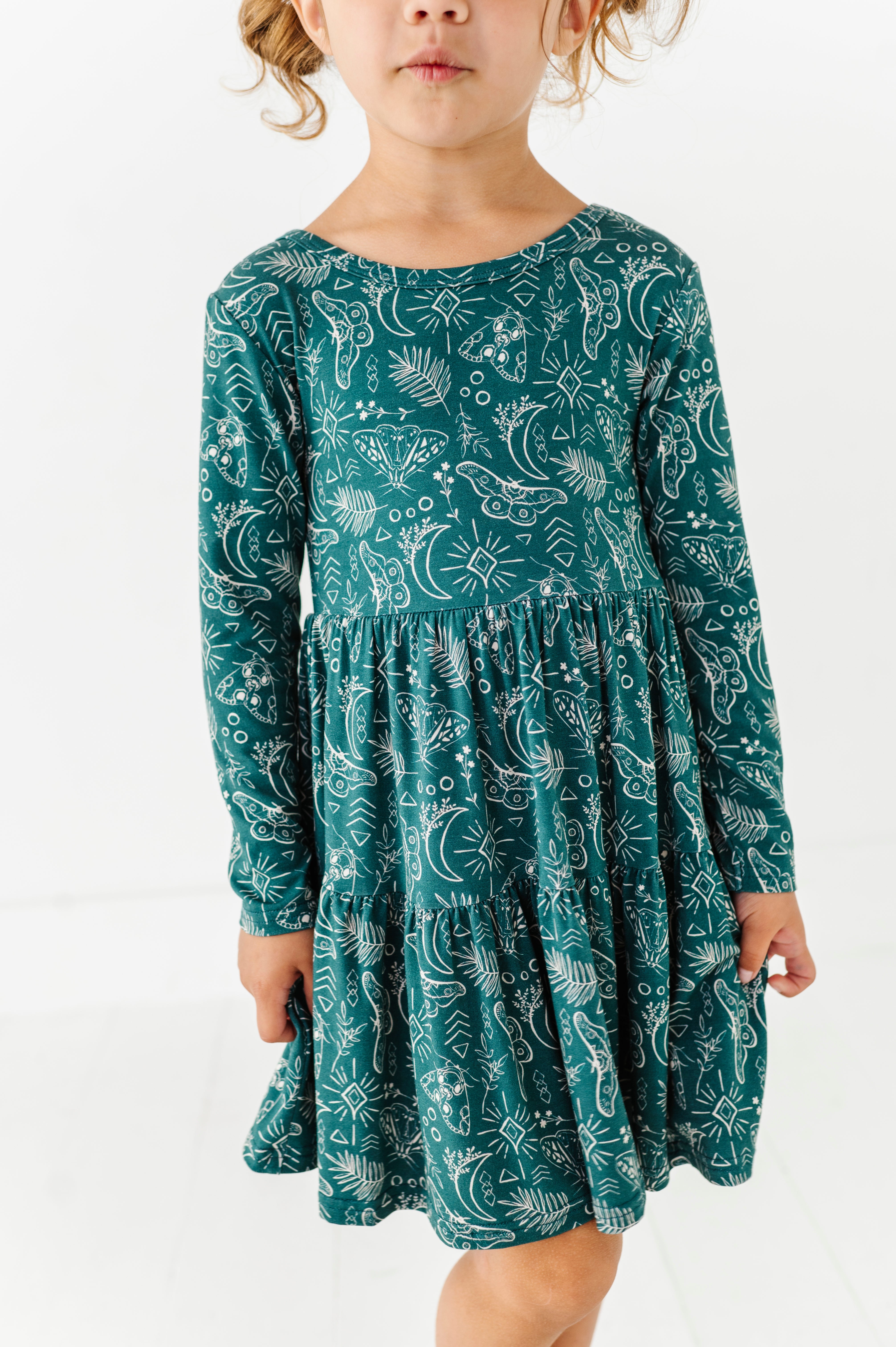 TIERED LONG SLEEVE TWIRL DRESS - CELESTIAL MOTHS
