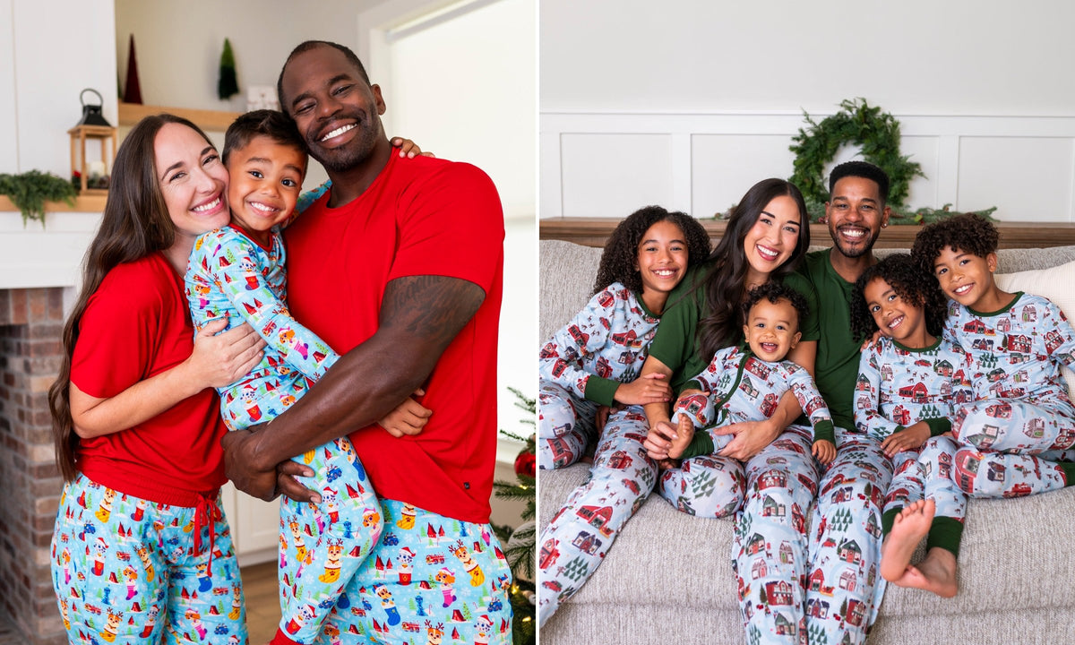 Families in Paw Patrol Deck the PAWs and Santa's Village matching holiday pajamas