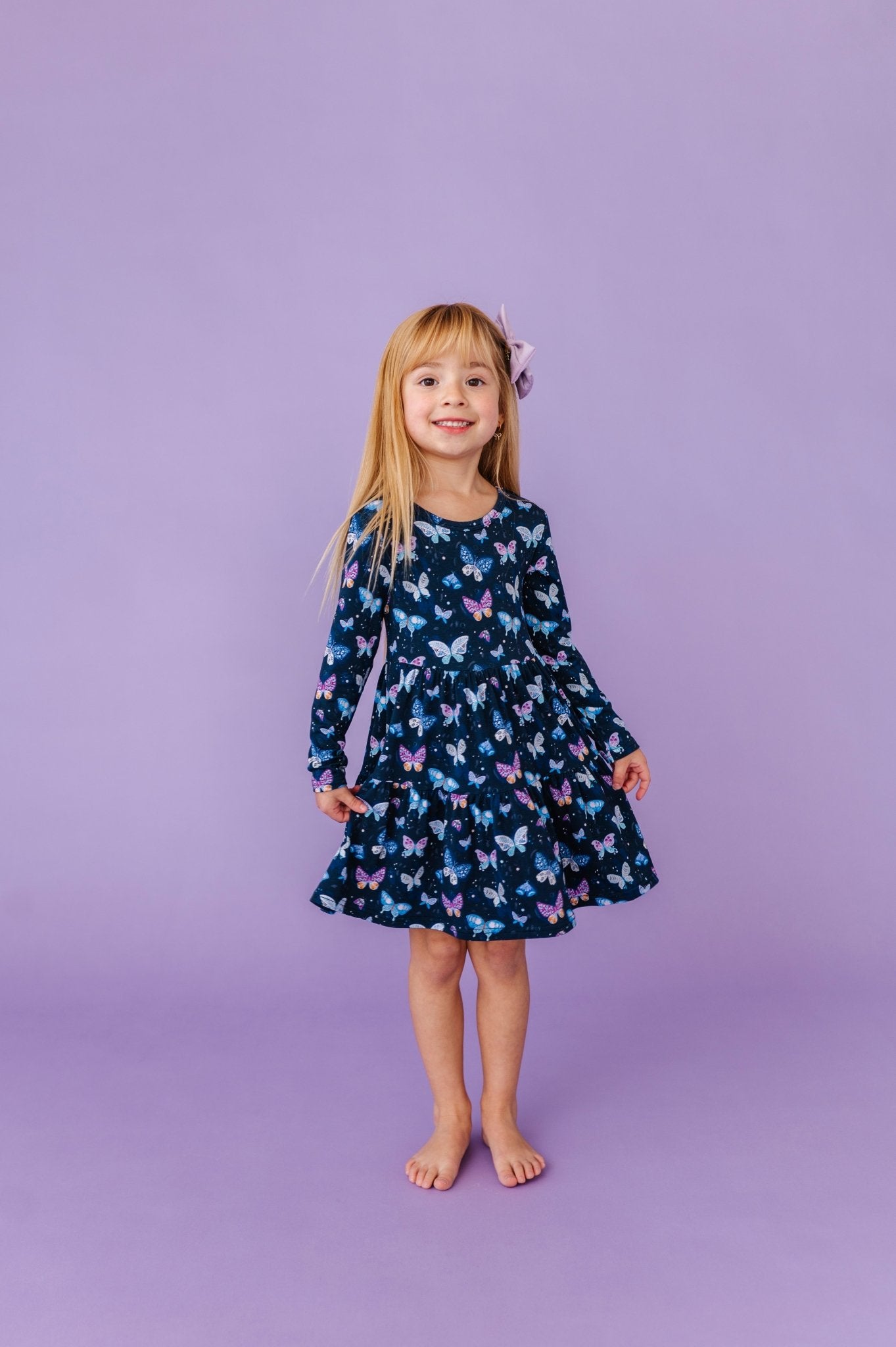 LONG SLEEVE TWIRLIE DRESS - INDIGO SKIES - The Sleepy Sloth