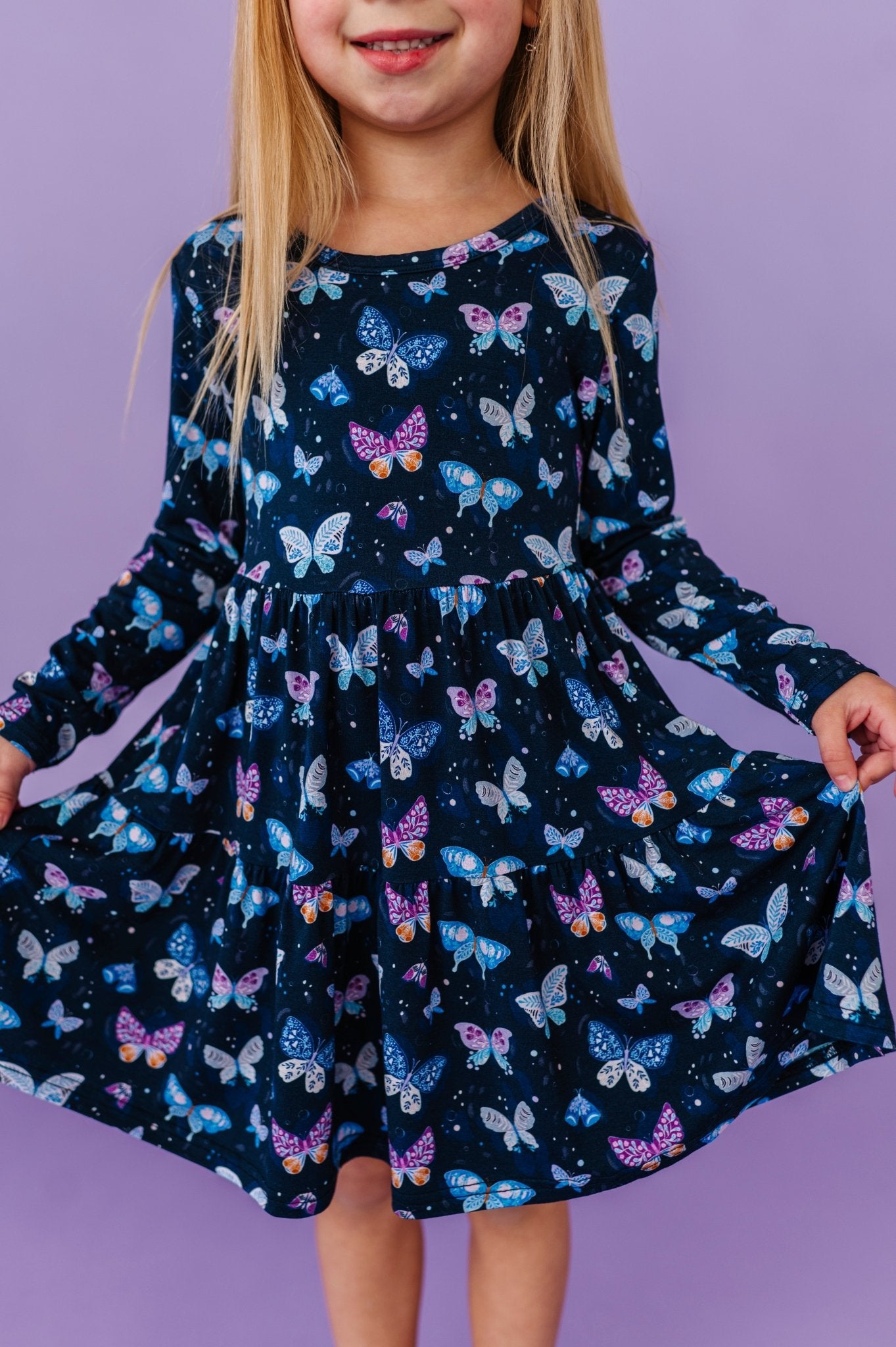 LONG SLEEVE TWIRLIE DRESS - INDIGO SKIES - The Sleepy Sloth