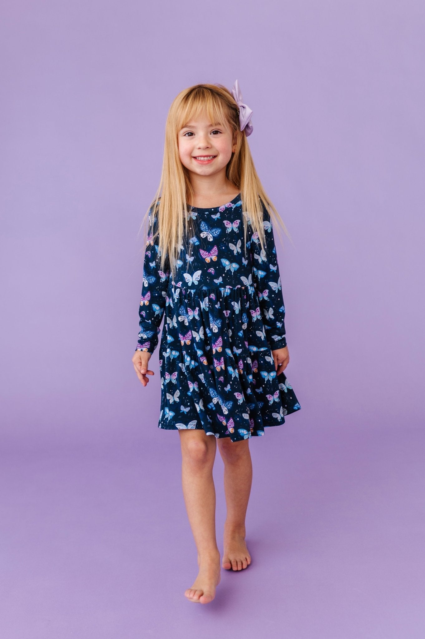 LONG SLEEVE TWIRLIE DRESS - INDIGO SKIES - The Sleepy Sloth