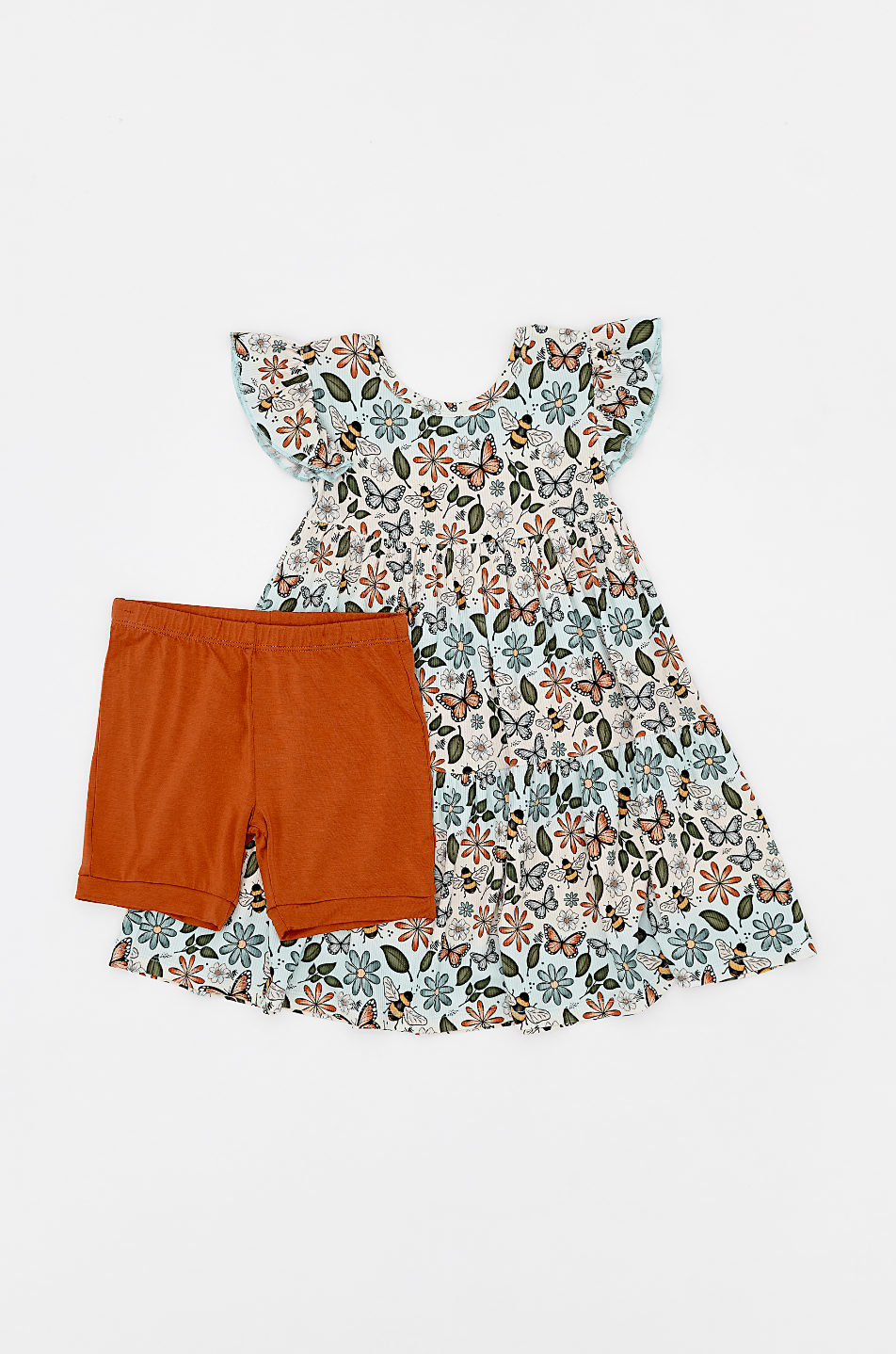RIBBED TIERED FLUTTER SLEEVE TWIRL WITH SHORTS - BUZZING BLOSSOMS - The Sleepy Sloth