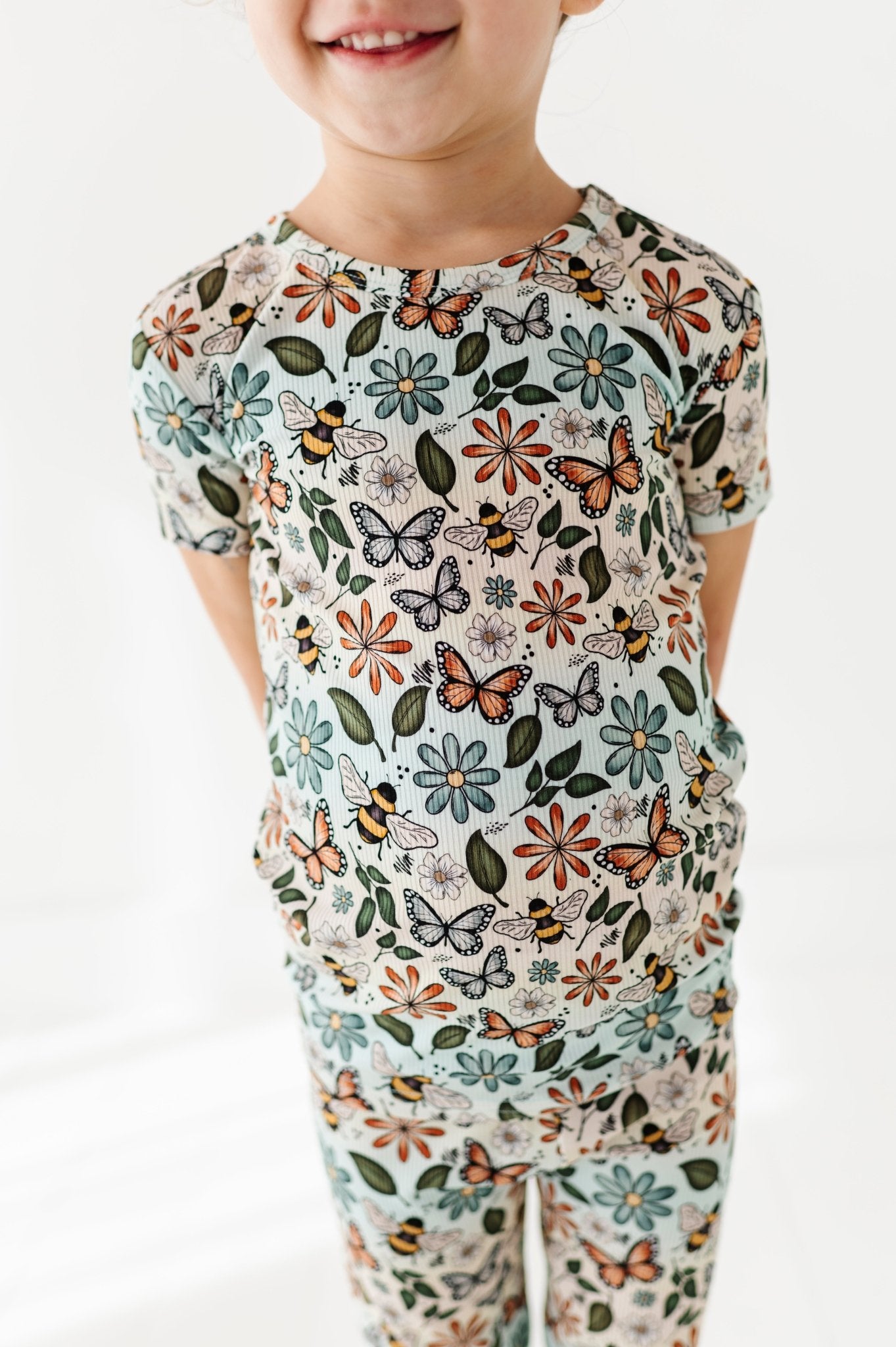 RIBBED TWO PIECE SHORT SLEEVE WITH PANTS JAMMIES - BUZZING BLOSSOMS - The Sleepy Sloth