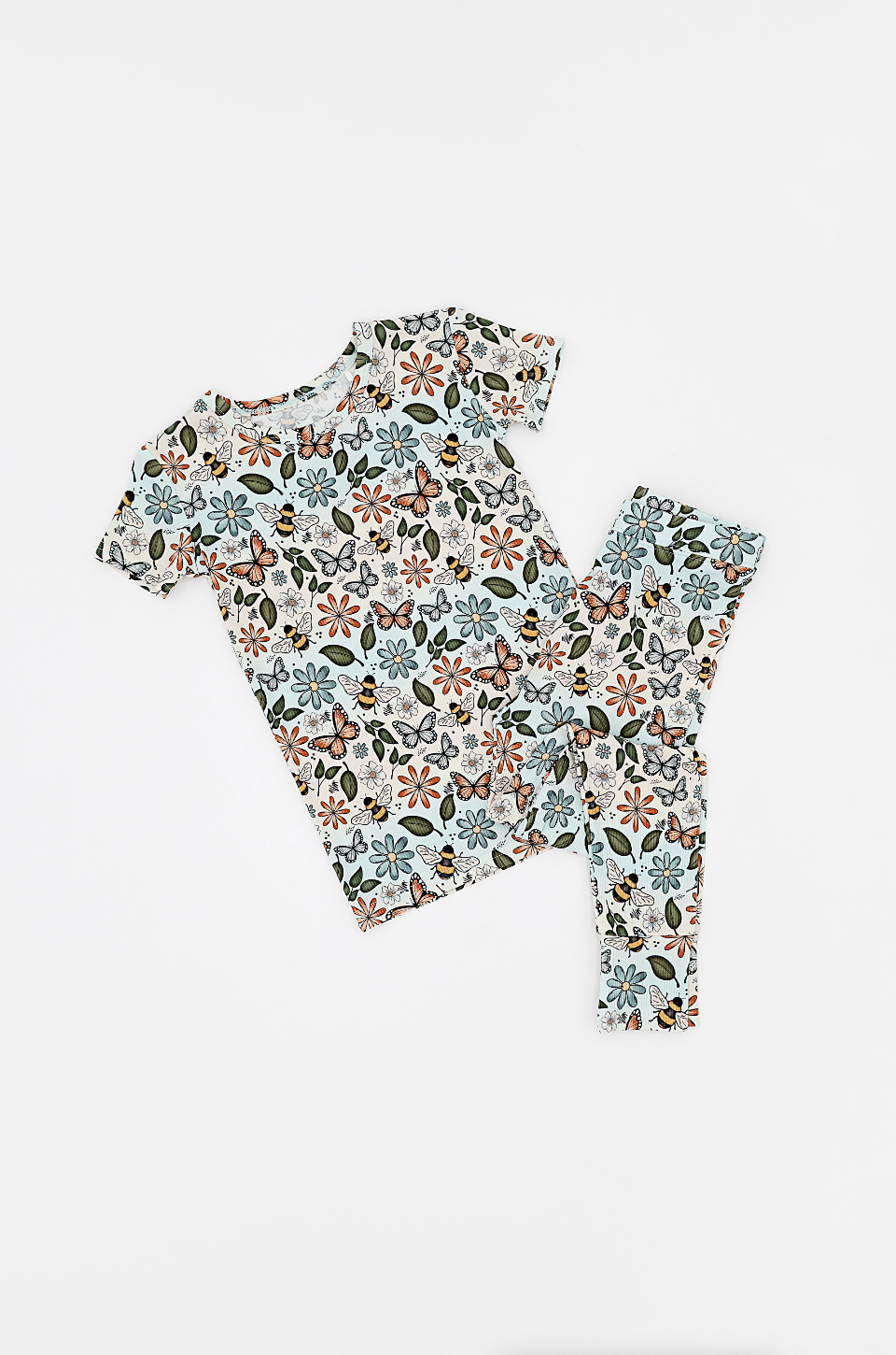 RIBBED TWO PIECE SHORT SLEEVE WITH PANTS JAMMIES - BUZZING BLOSSOMS - The Sleepy Sloth