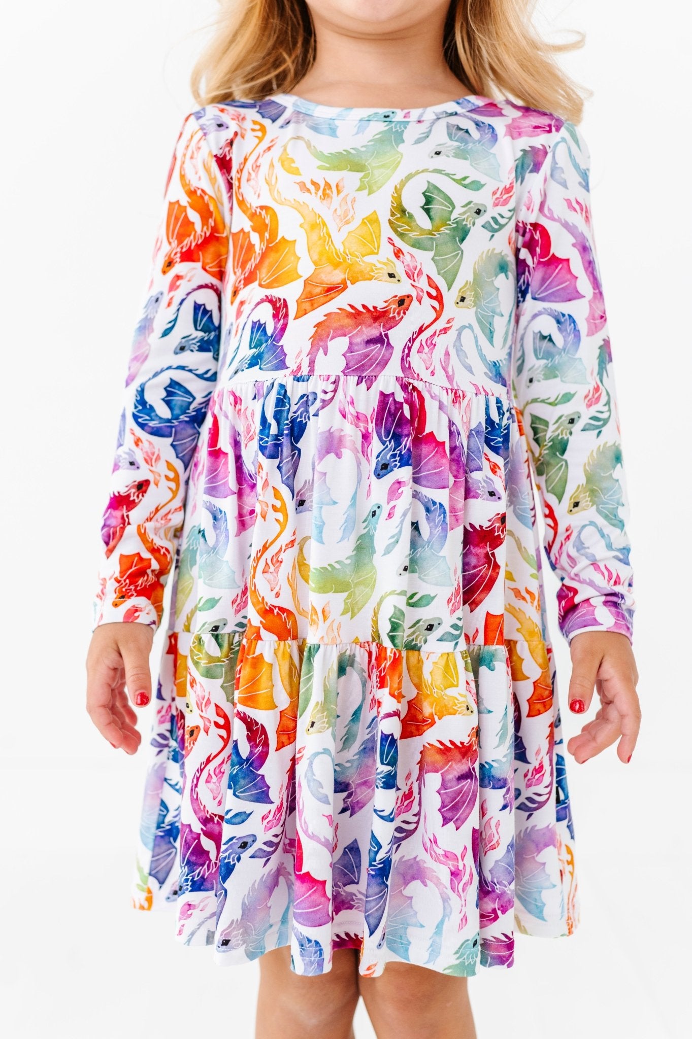 Tiered Long Sleeve Twirl Dress - RAINBOW TAILS - The Sleepy Sloth