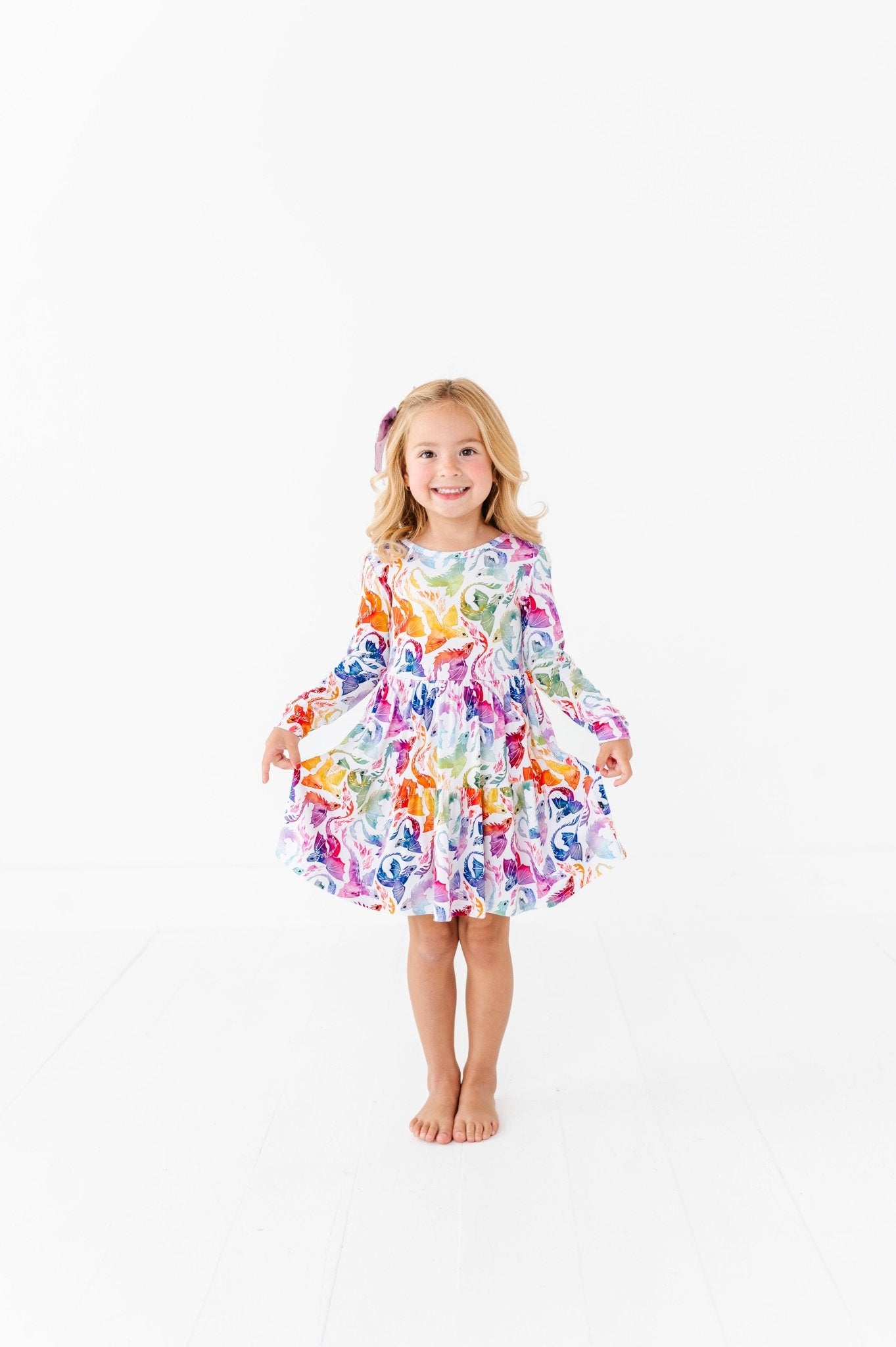 Tiered Long Sleeve Twirl Dress - RAINBOW TAILS - The Sleepy Sloth