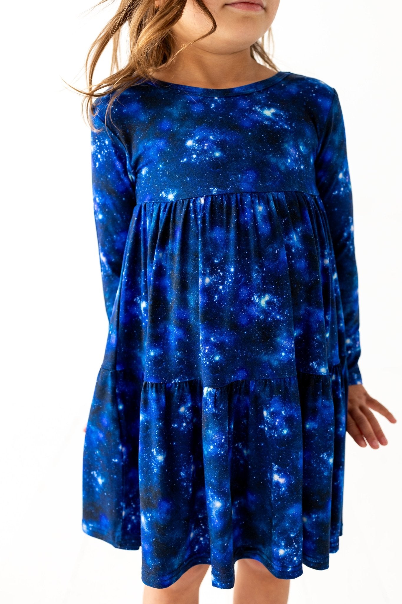 TIERED LONG SLEEVE TWIRL DRESS - SPACED OUT - The Sleepy Sloth