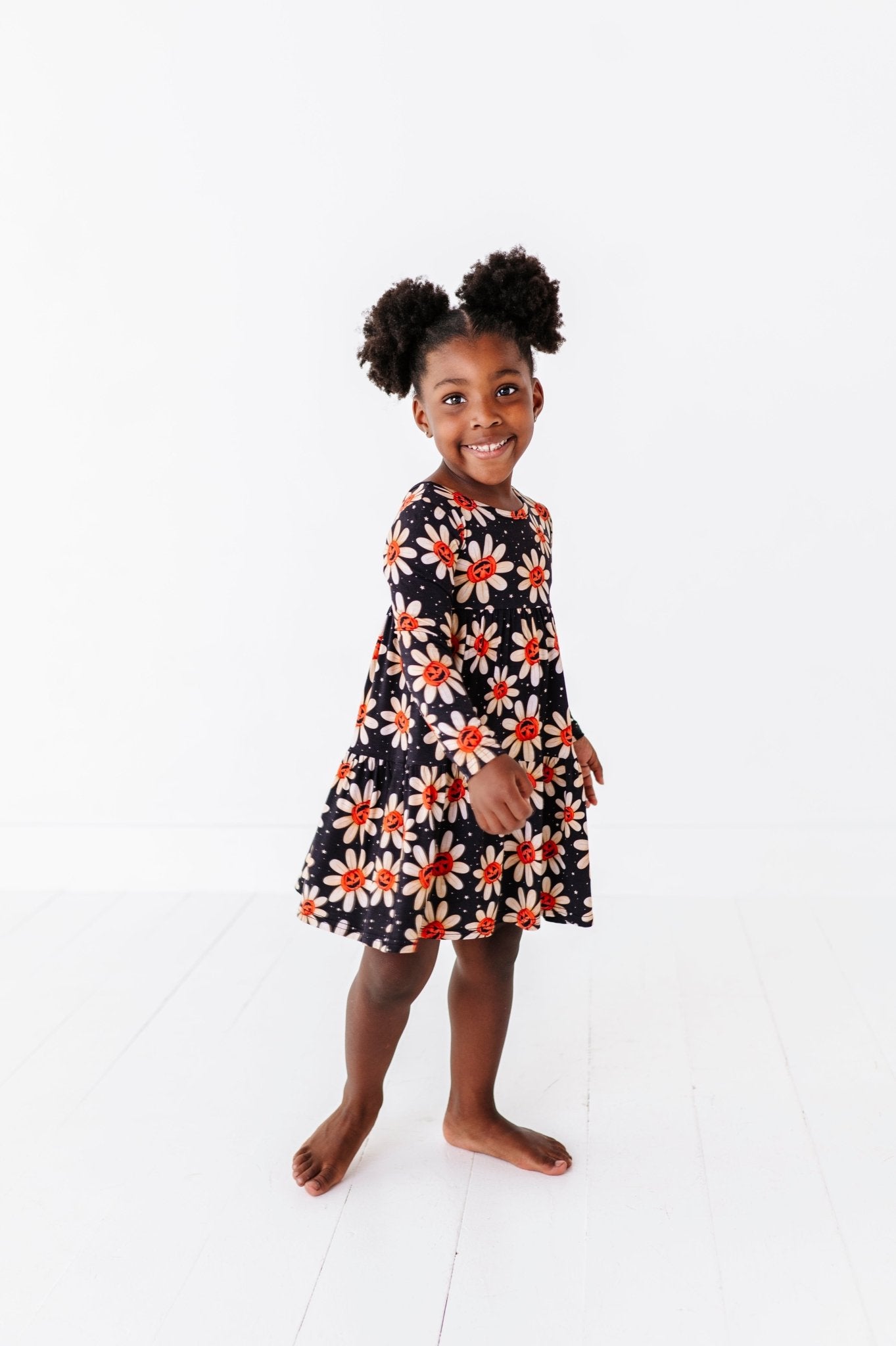 TIERED LONG SLEEVE TWIRLIE DRESS - GOURDGEOUS BLOOMS - The Sleepy Sloth