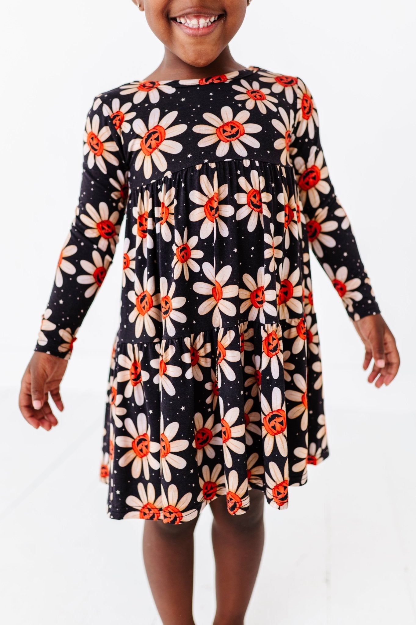TIERED LONG SLEEVE TWIRLIE DRESS - GOURDGEOUS BLOOMS - The Sleepy Sloth