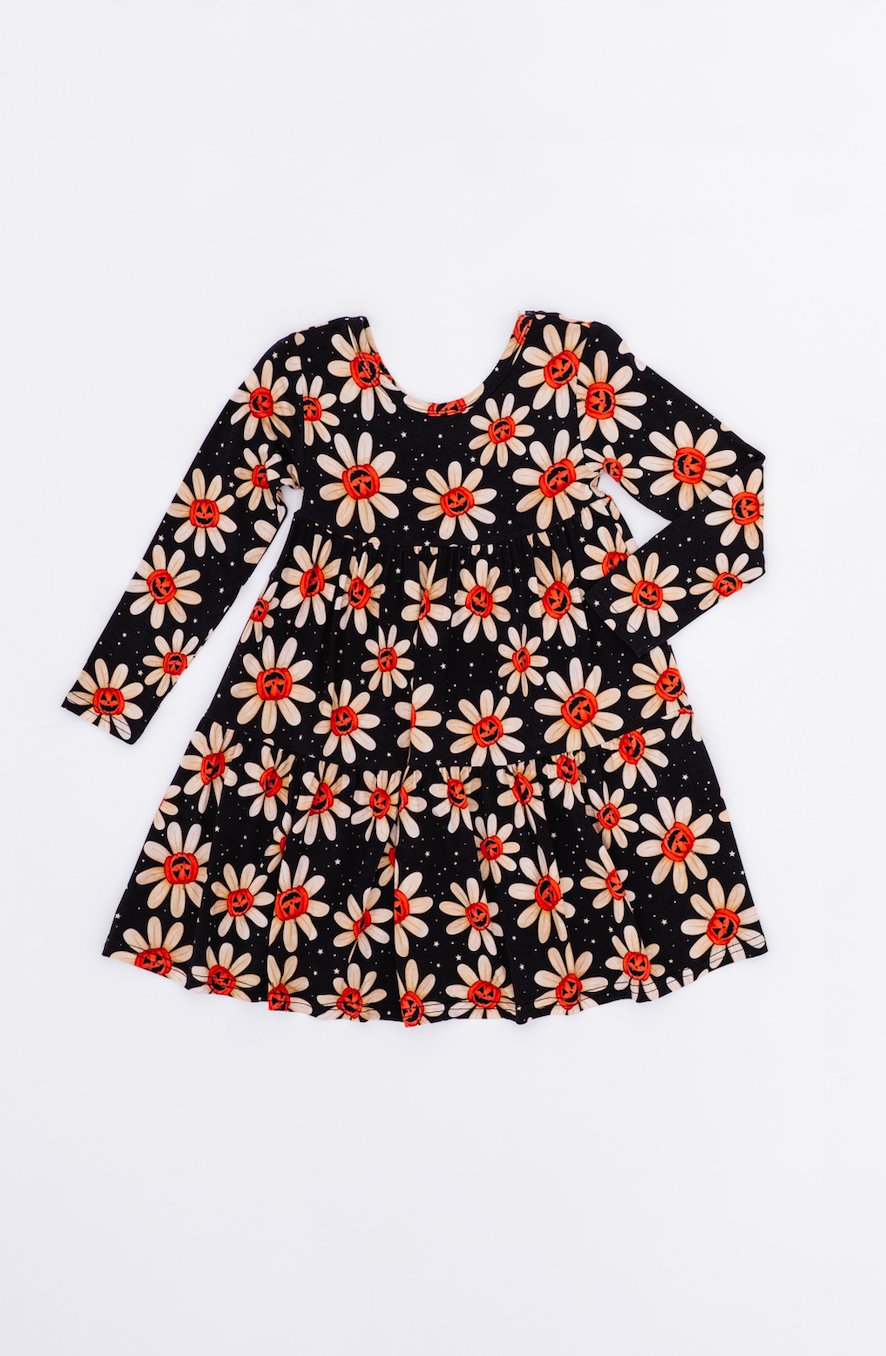 TIERED LONG SLEEVE TWIRLIE DRESS - GOURDGEOUS BLOOMS - The Sleepy Sloth