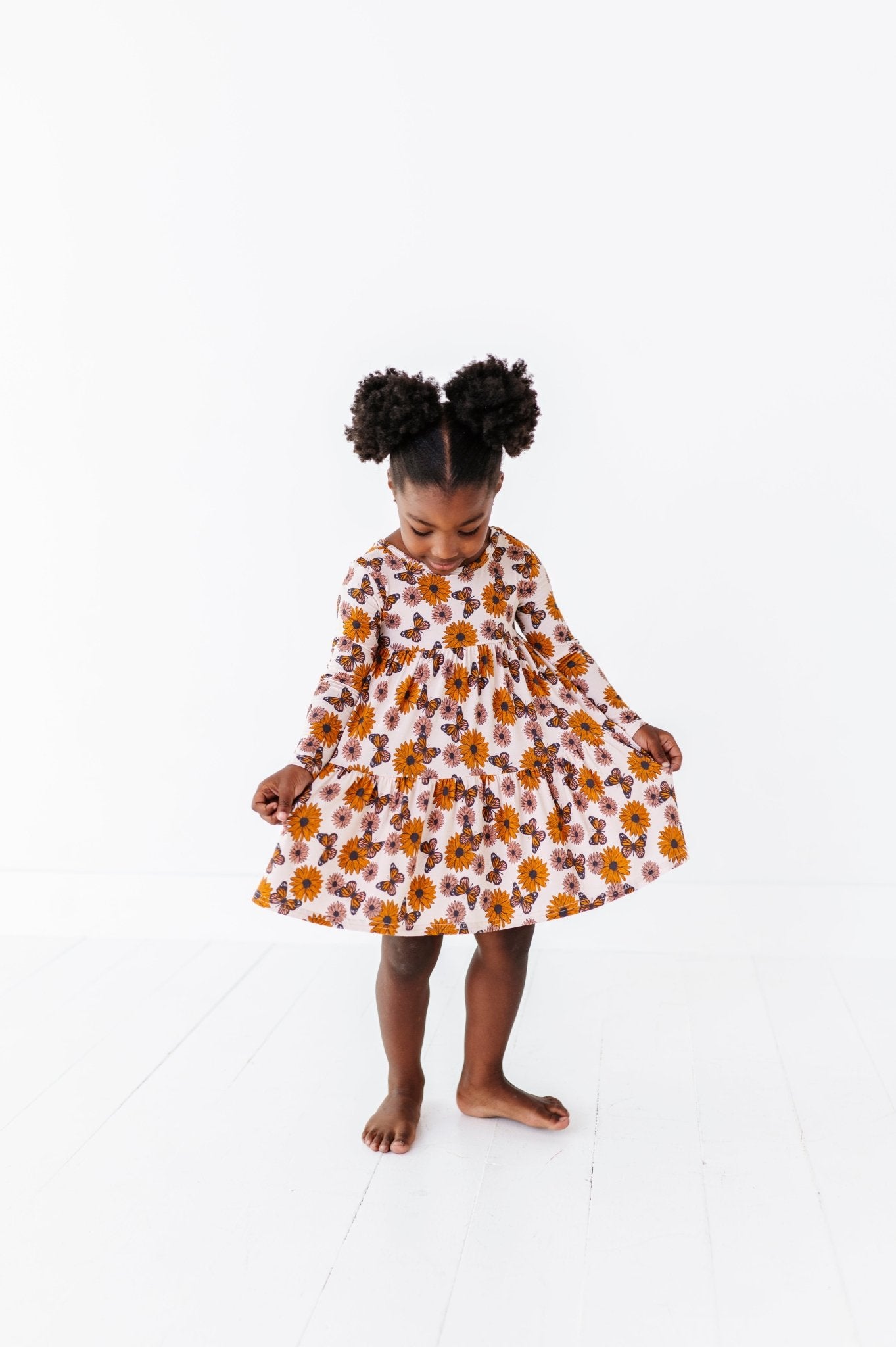 TIERED LONG SLEEVE TWIRLIE DRESS - SUNFLOWER HARVEST - The Sleepy Sloth
