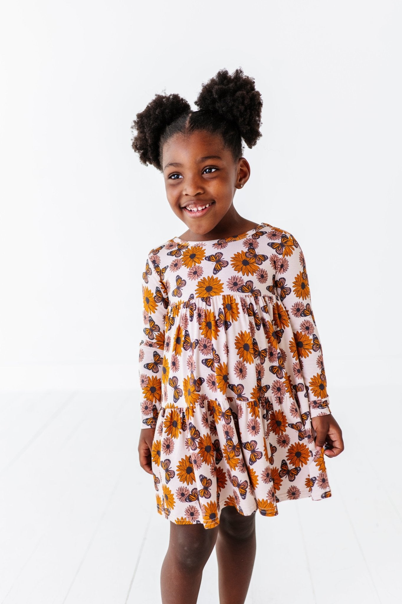 TIERED LONG SLEEVE TWIRLIE DRESS - SUNFLOWER HARVEST - The Sleepy Sloth