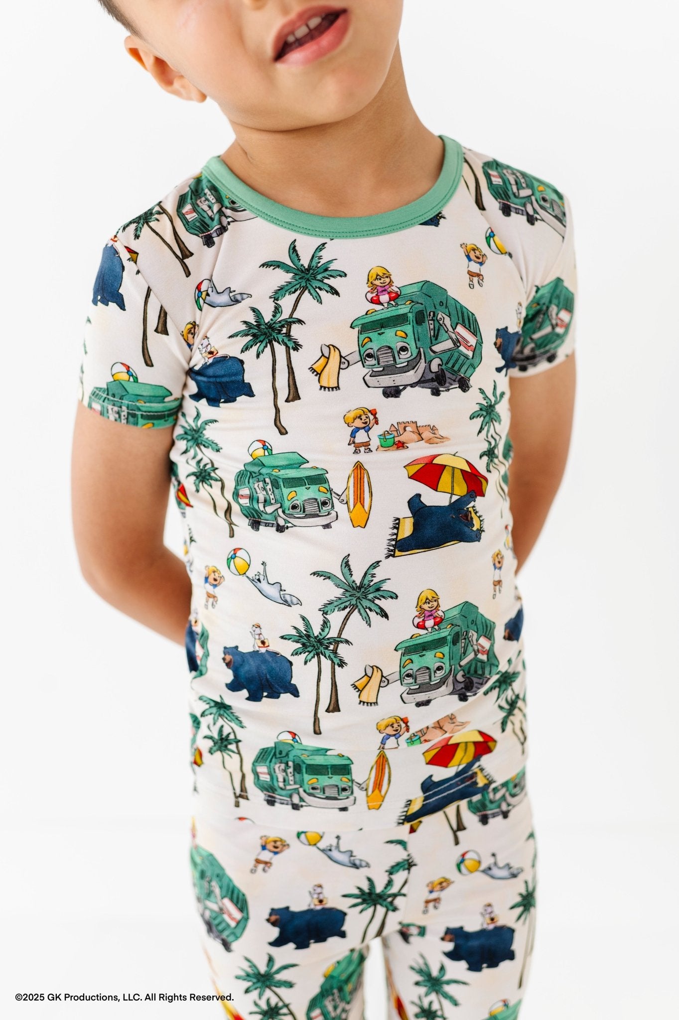 TWO PIECE JAMMIES PANTS WITH SHORT SLEEVE SET - TRASH TRUCK™ BEACH DAY - The Sleepy Sloth