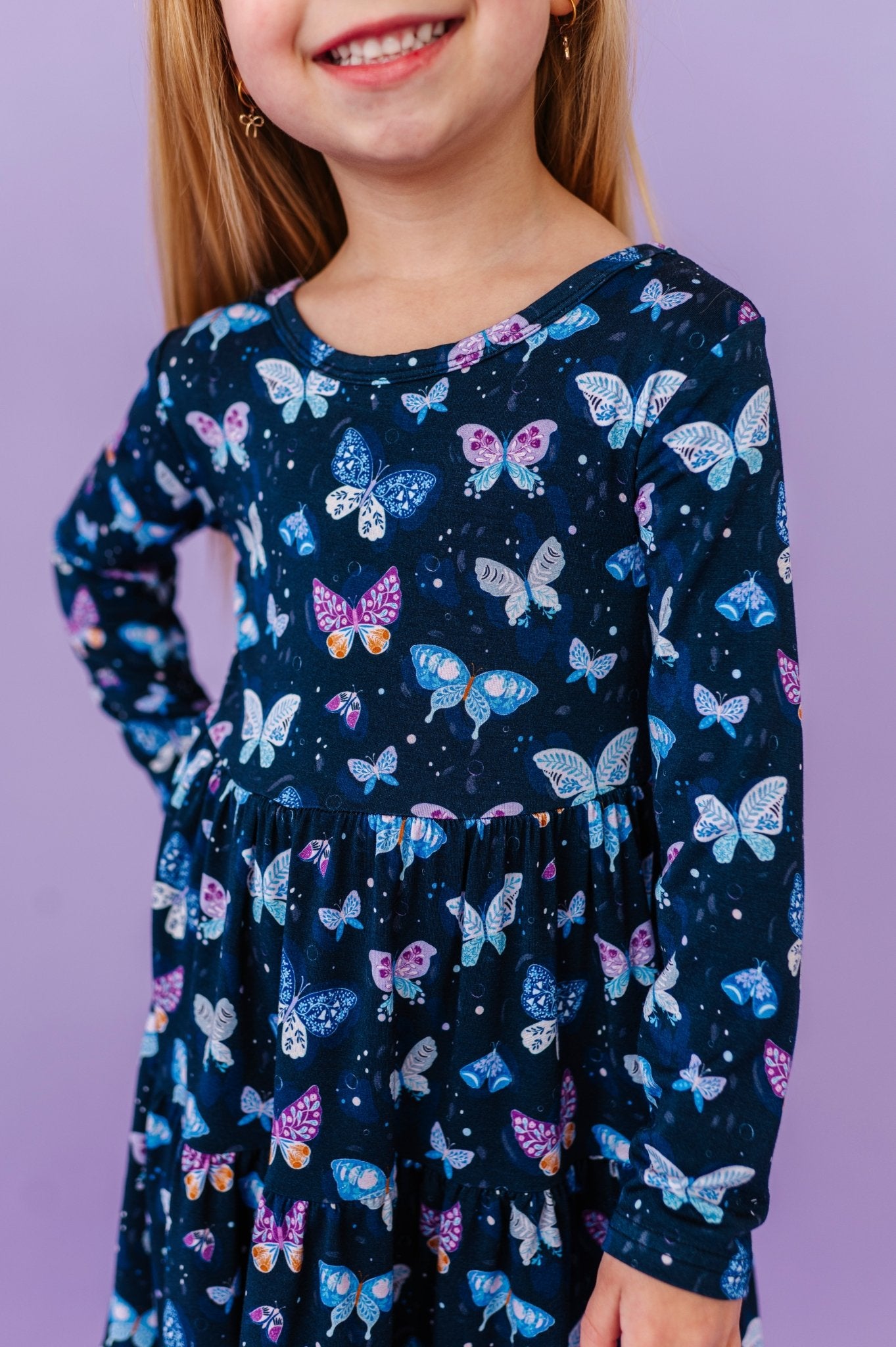 LONG SLEEVE TWIRLIE DRESS - INDIGO SKIES - The Sleepy Sloth