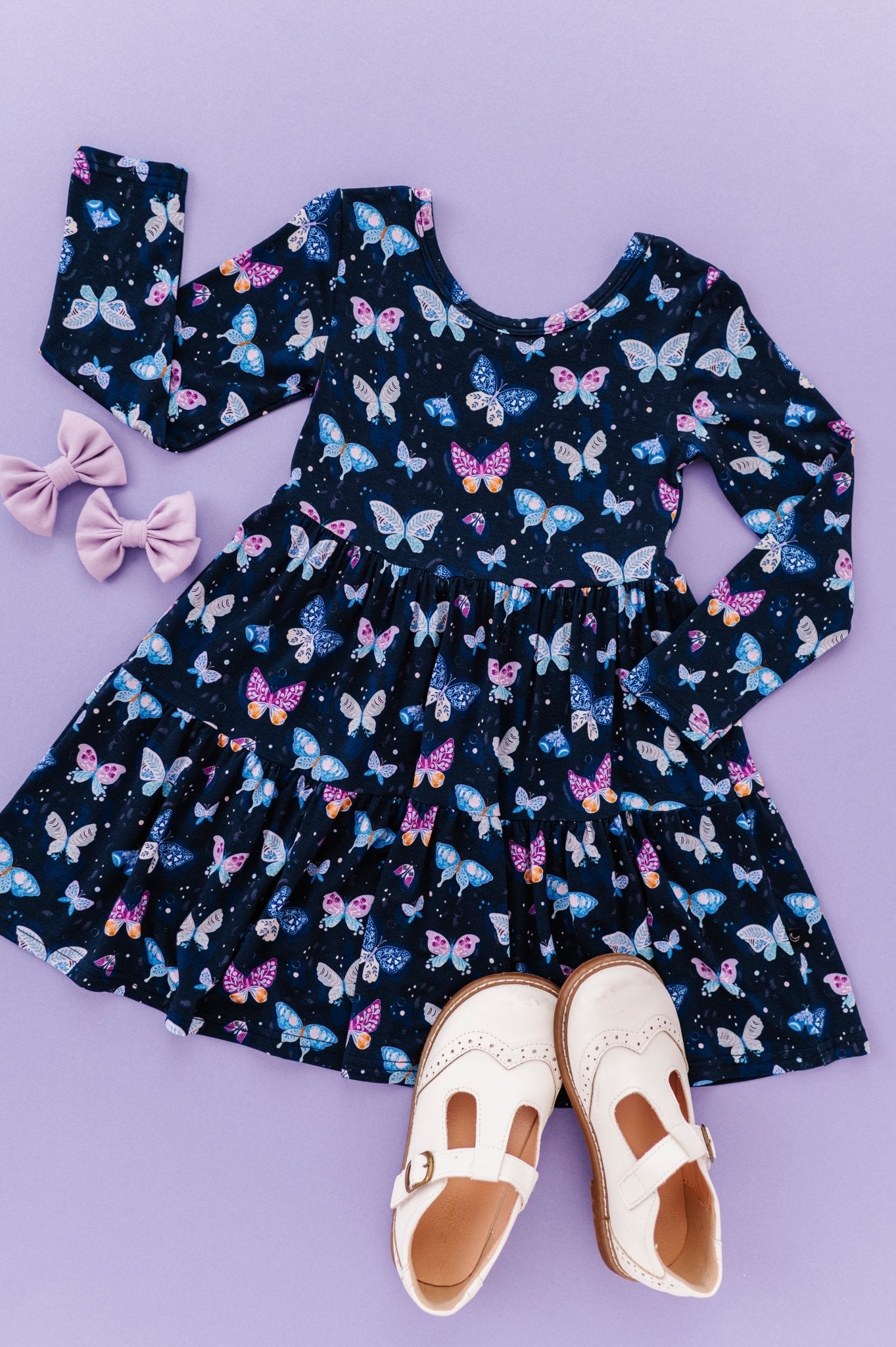 LONG SLEEVE TWIRLIE DRESS - INDIGO SKIES - The Sleepy Sloth