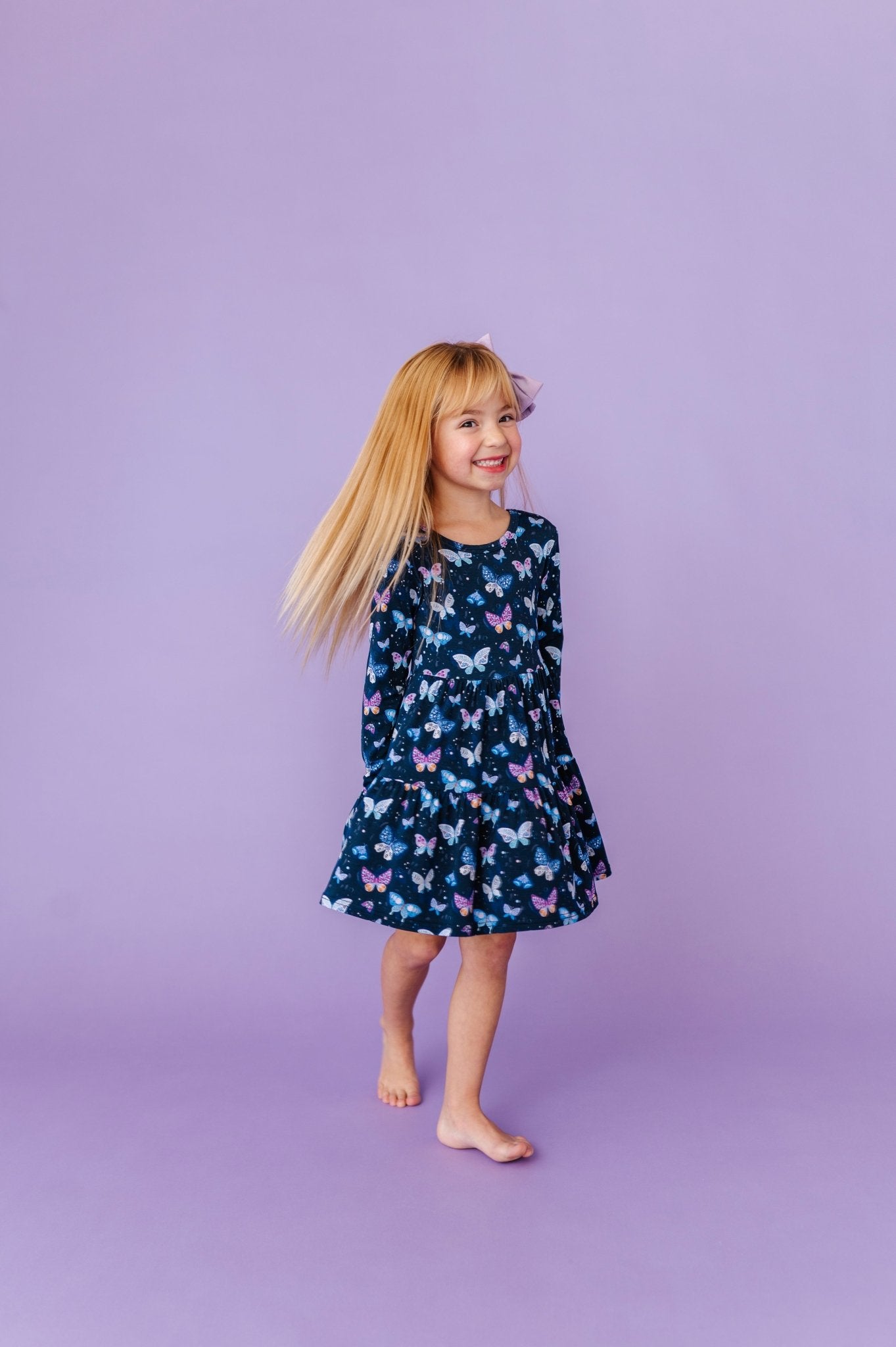 LONG SLEEVE TWIRLIE DRESS - INDIGO SKIES - The Sleepy Sloth