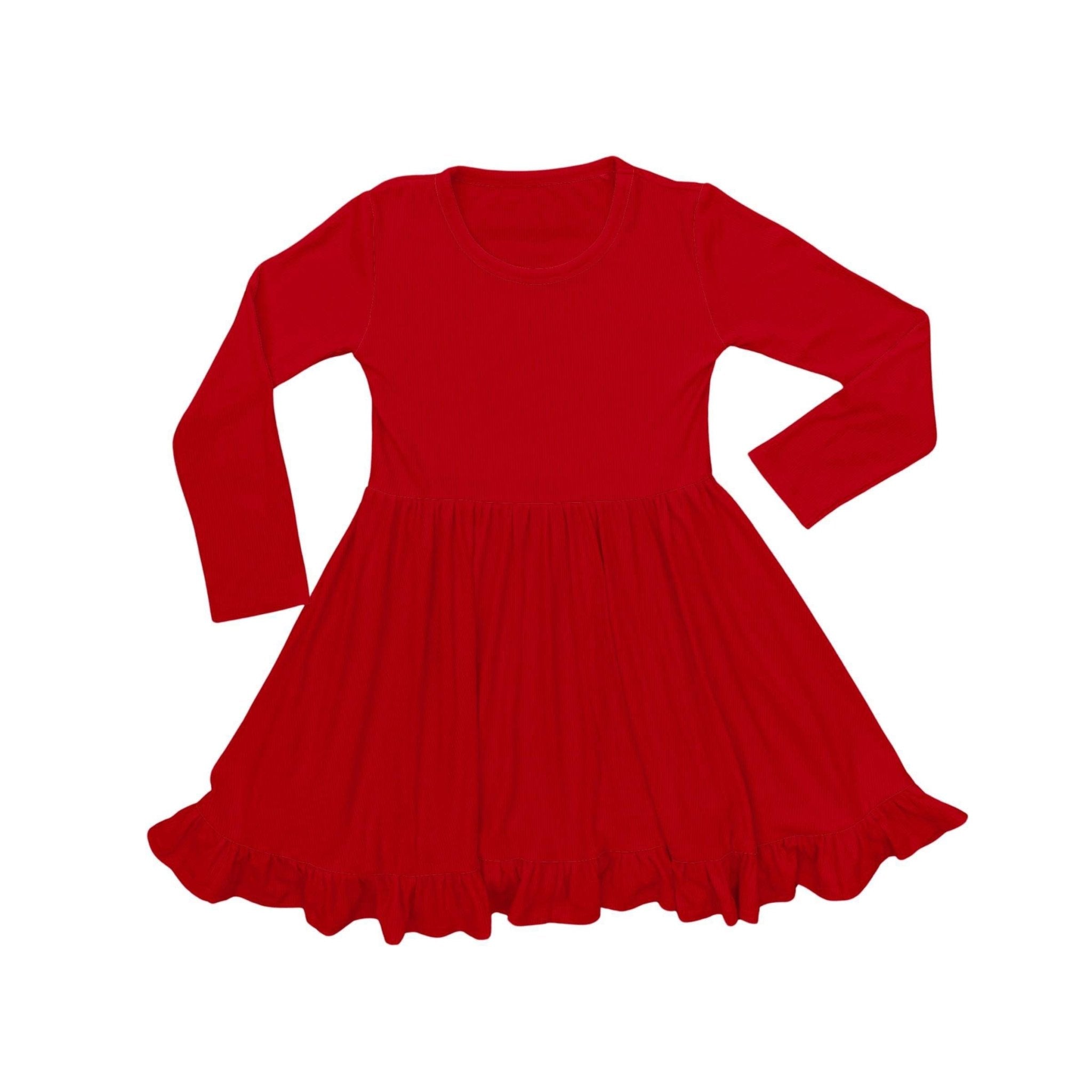 PREORDER RUFFLE TWIRL DRESS RIBBED SOLID - POINSETTIA - The Sleepy Sloth