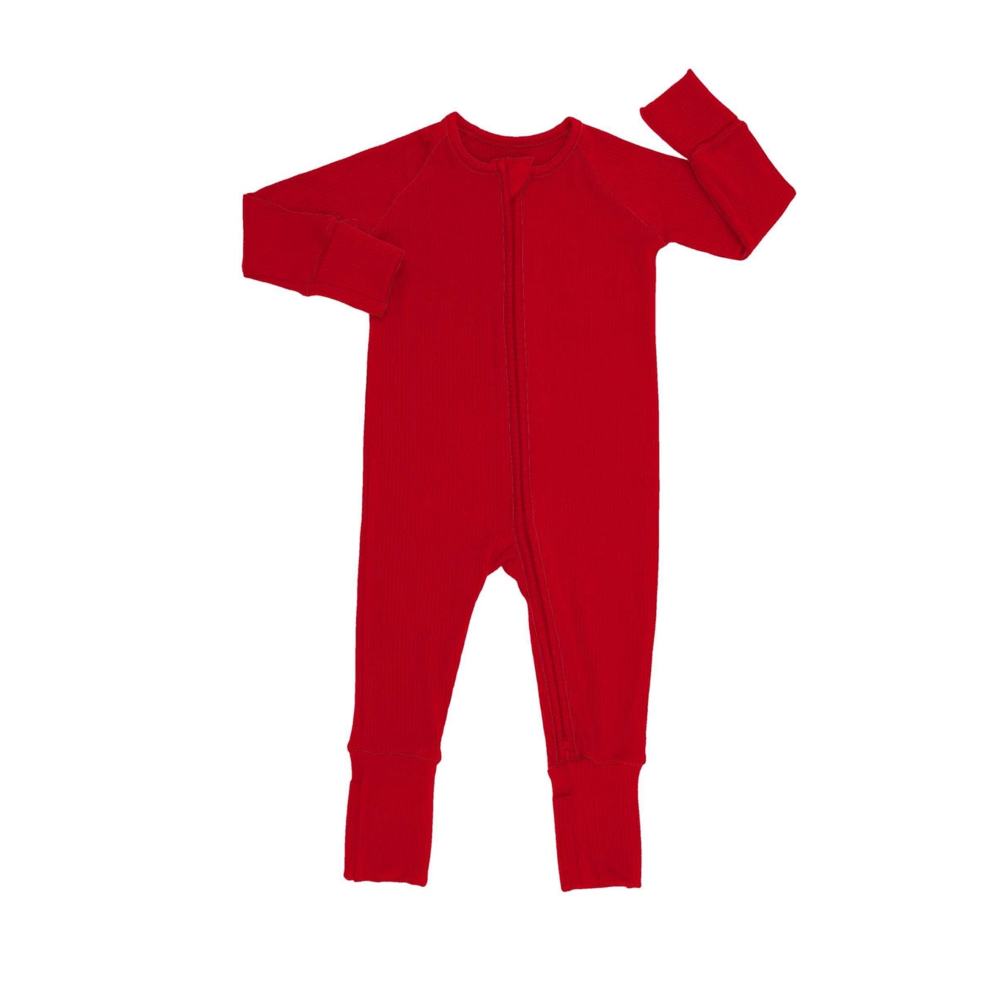 PREORDER ZIP JAMMIES RIBBED SOLID - POINSETTIA - The Sleepy Sloth