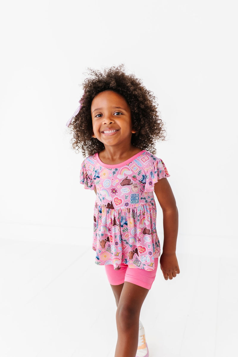 SHORT SLEEVE PEPLUM WITH SHORTS* - PINK PEONY CLUB - The Sleepy Sloth