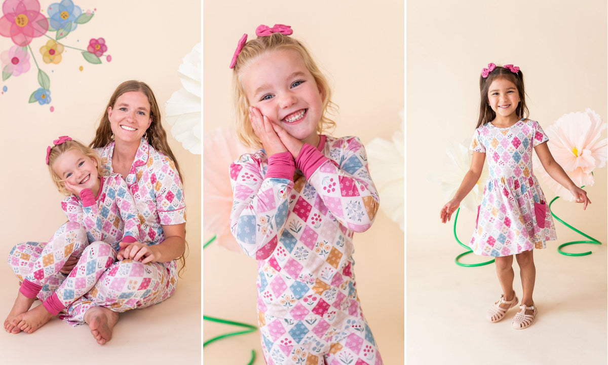 Kids and mom in Stitched In Bloom matching pajamas and twirl dress