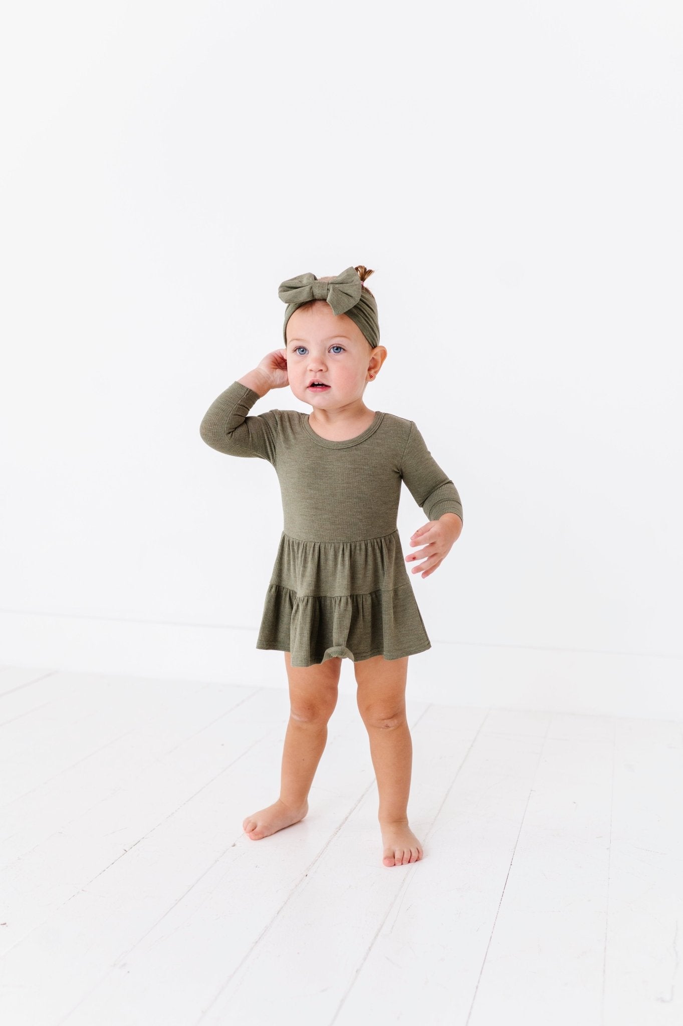 TIERED BODYSUIT TWIRLIE DRESS - OLIVE - The Sleepy Sloth