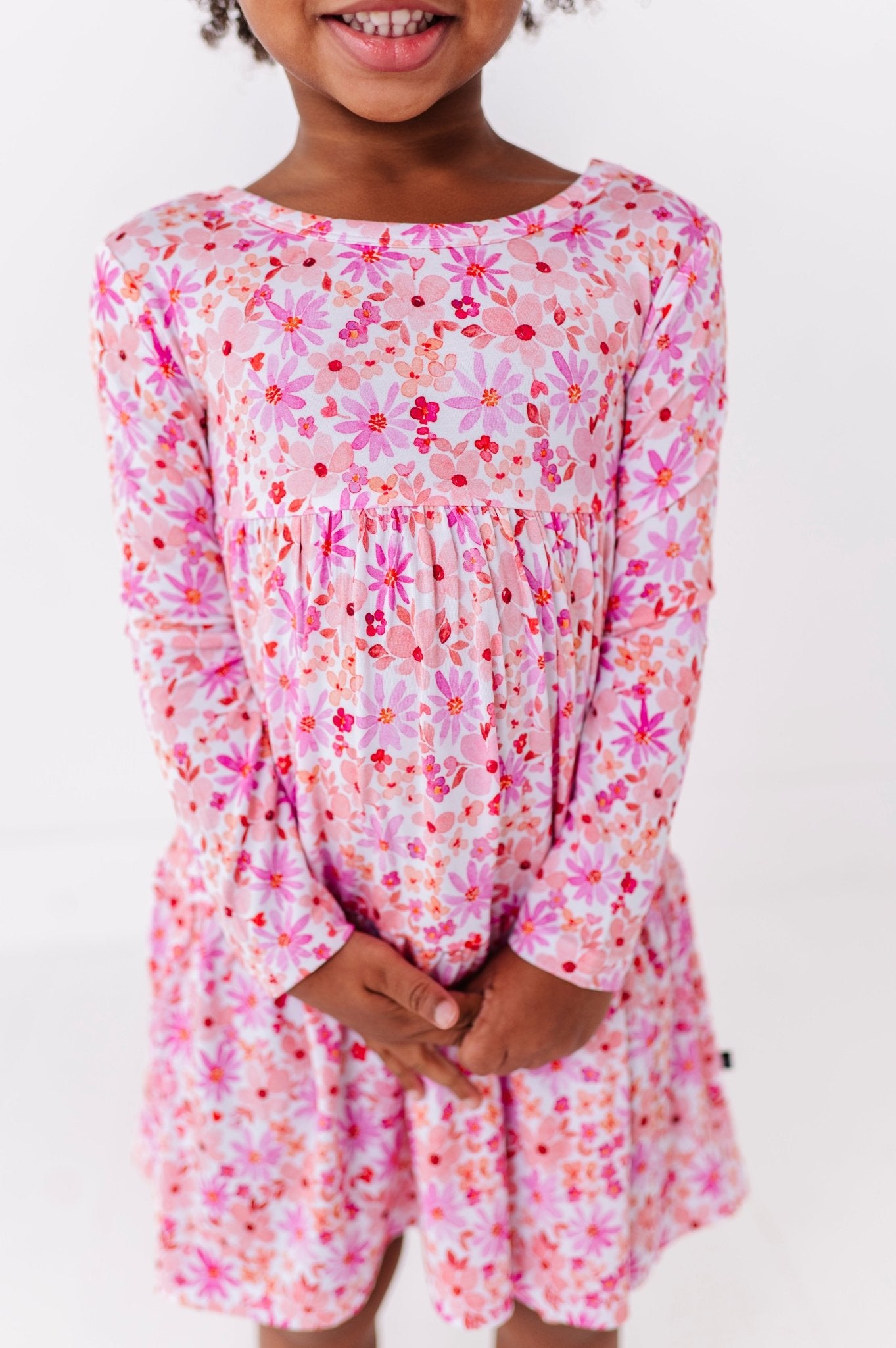 TIERED LONG SLEEVE TWIRL DRESS - BLUSHING BLOOMS - The Sleepy Sloth