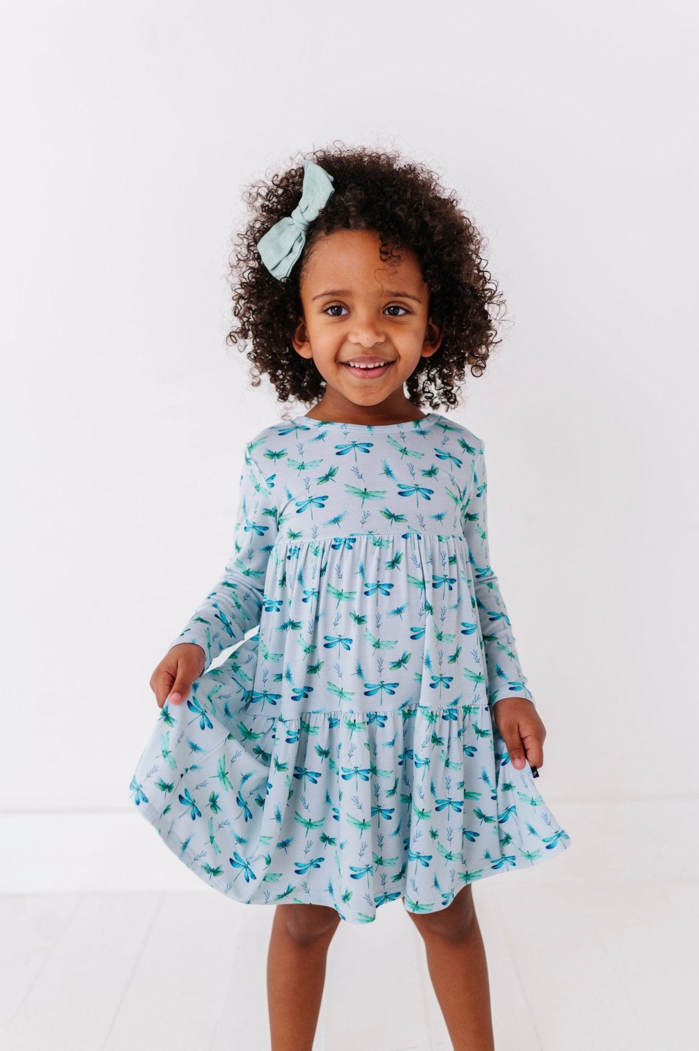 TIERED LONG SLEEVE TWIRL DRESS - DRAGONFLIES - The Sleepy Sloth