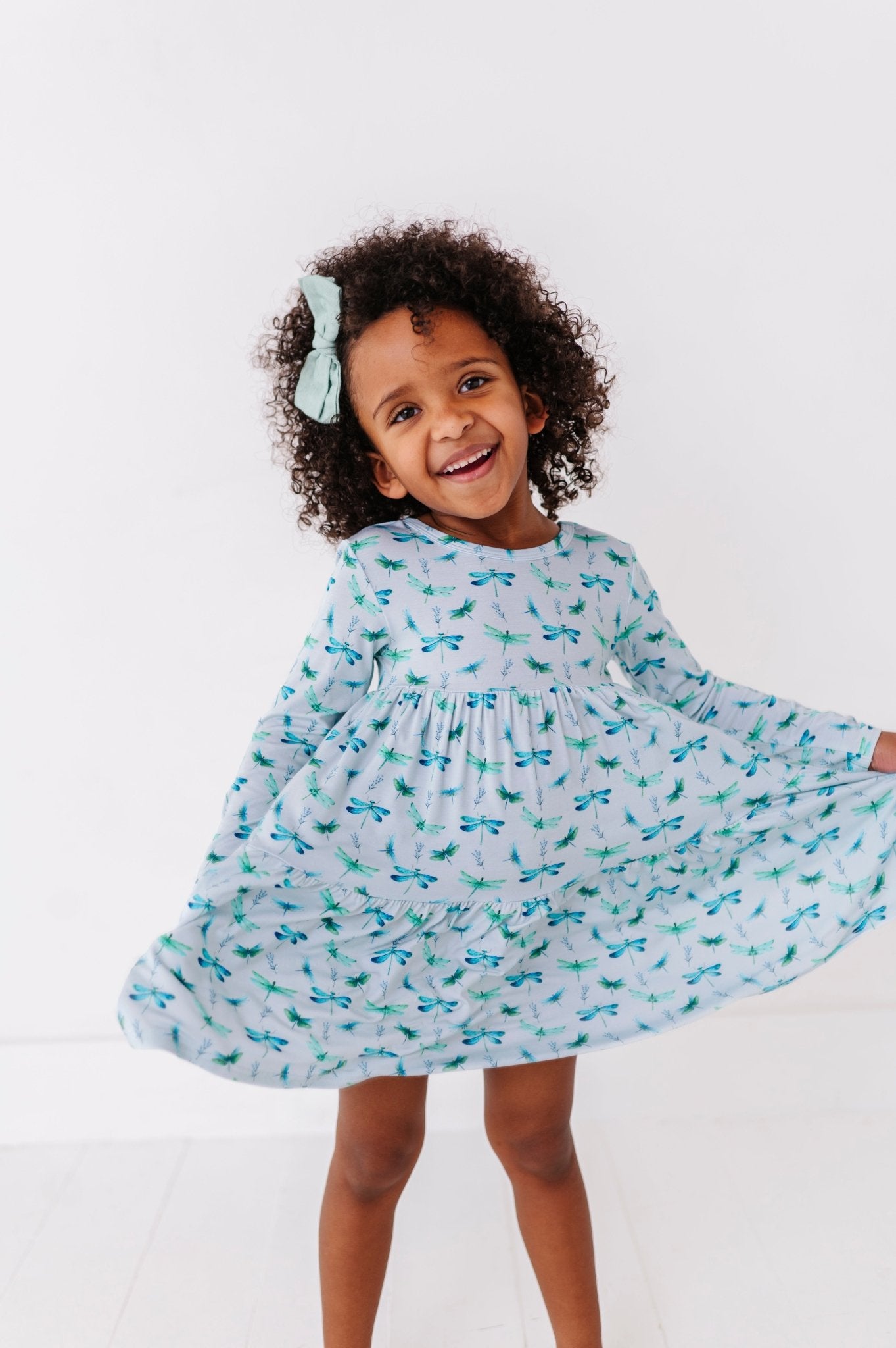 TIERED LONG SLEEVE TWIRL DRESS - DRAGONFLIES - The Sleepy Sloth