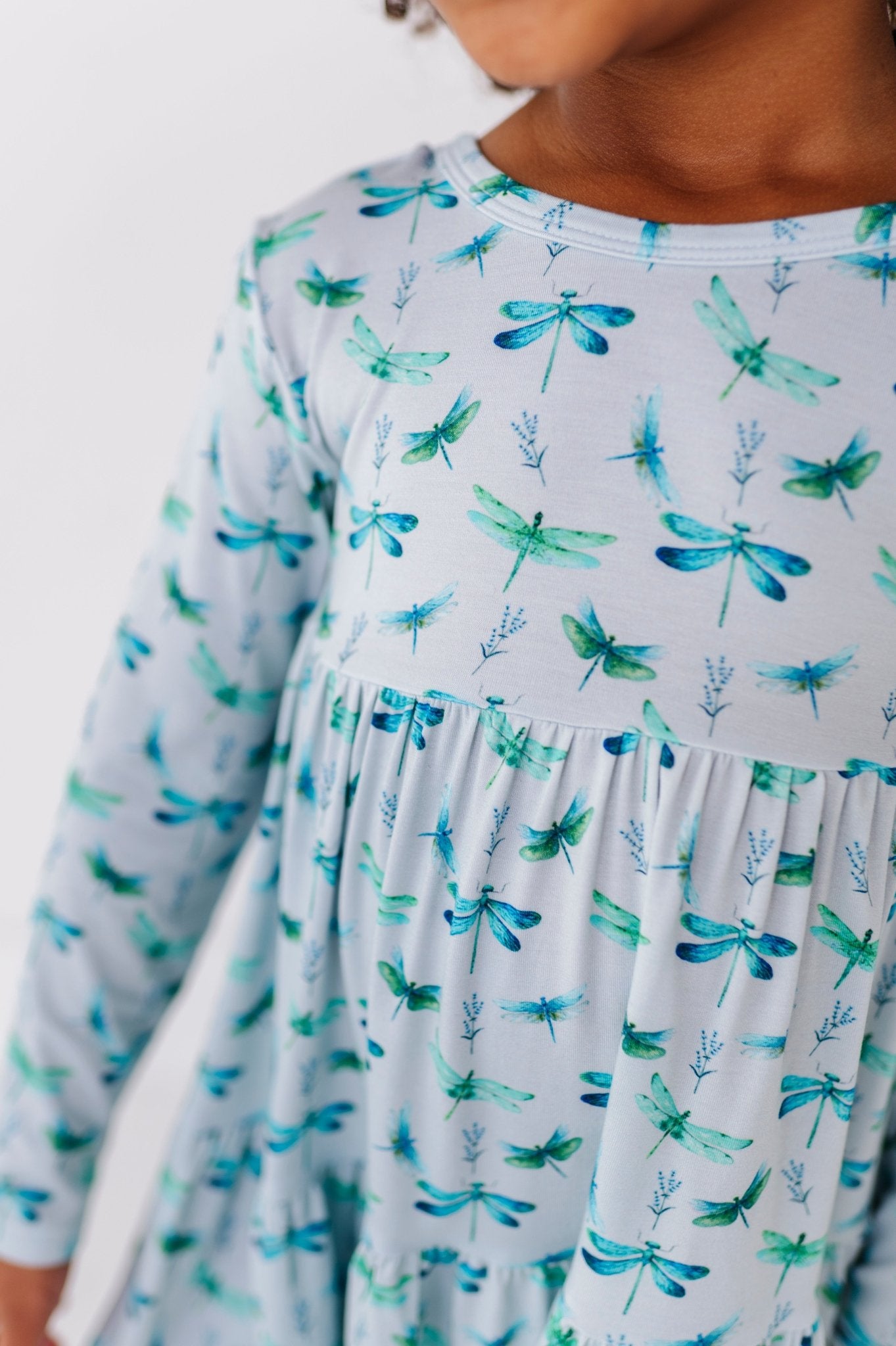 TIERED LONG SLEEVE TWIRL DRESS - DRAGONFLIES - The Sleepy Sloth