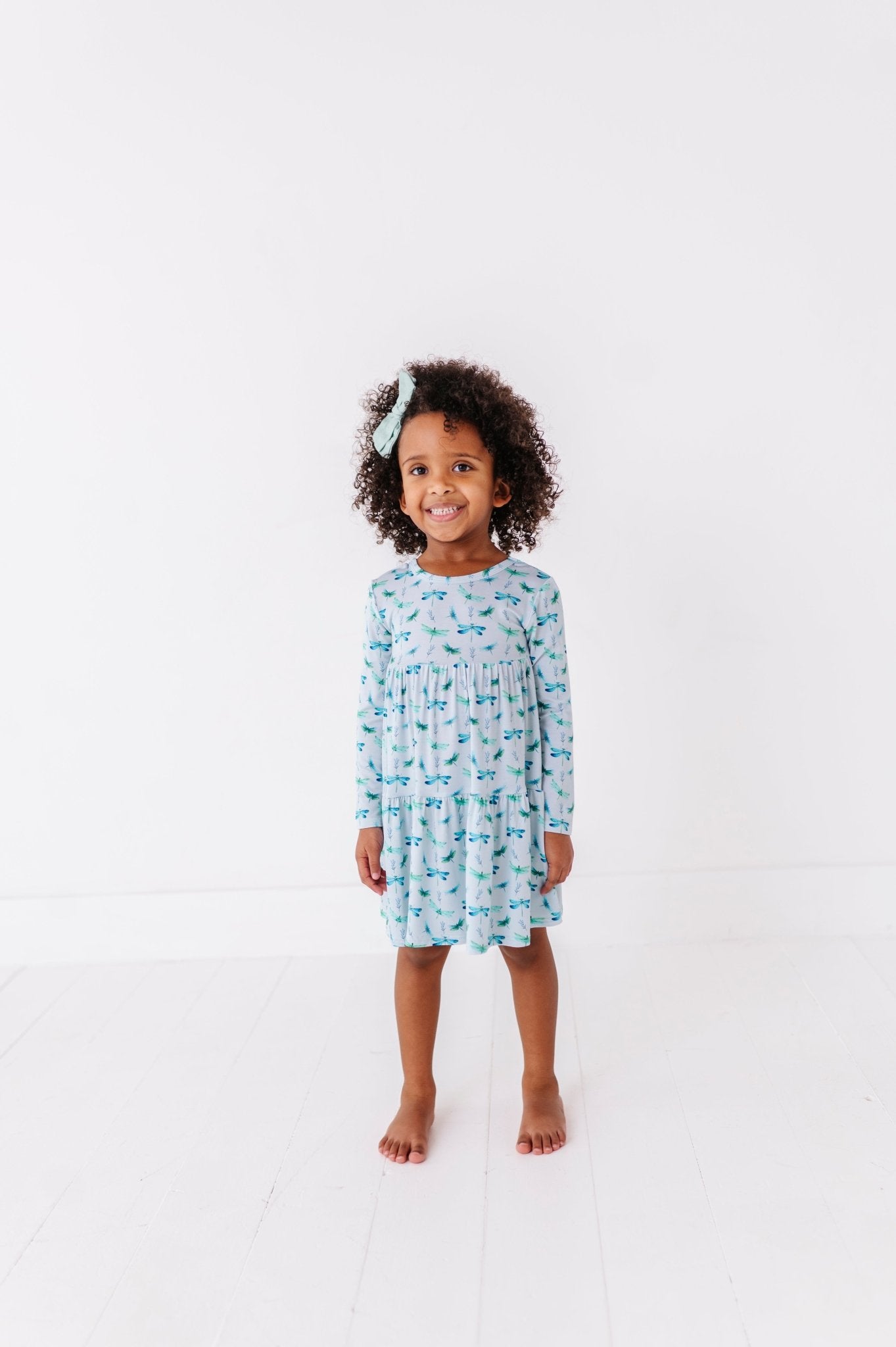 TIERED LONG SLEEVE TWIRL DRESS - DRAGONFLIES - The Sleepy Sloth