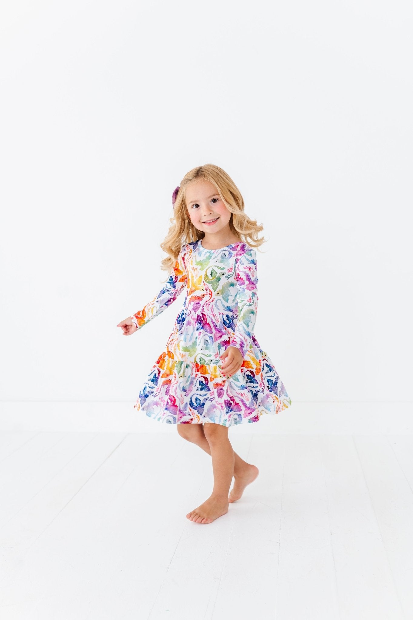 Tiered Long Sleeve Twirl Dress - RAINBOW TAILS - The Sleepy Sloth