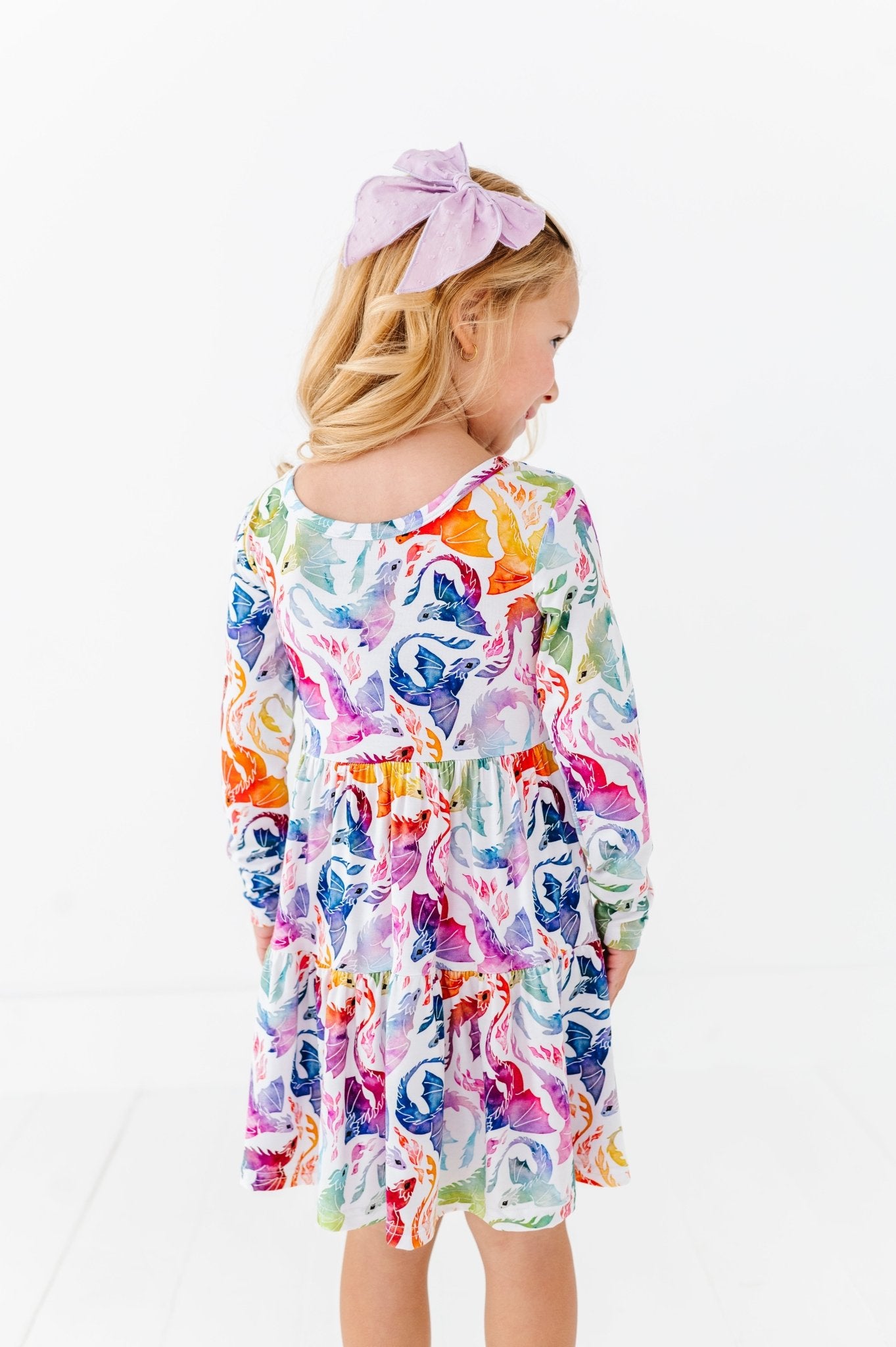 Tiered Long Sleeve Twirl Dress - RAINBOW TAILS - The Sleepy Sloth