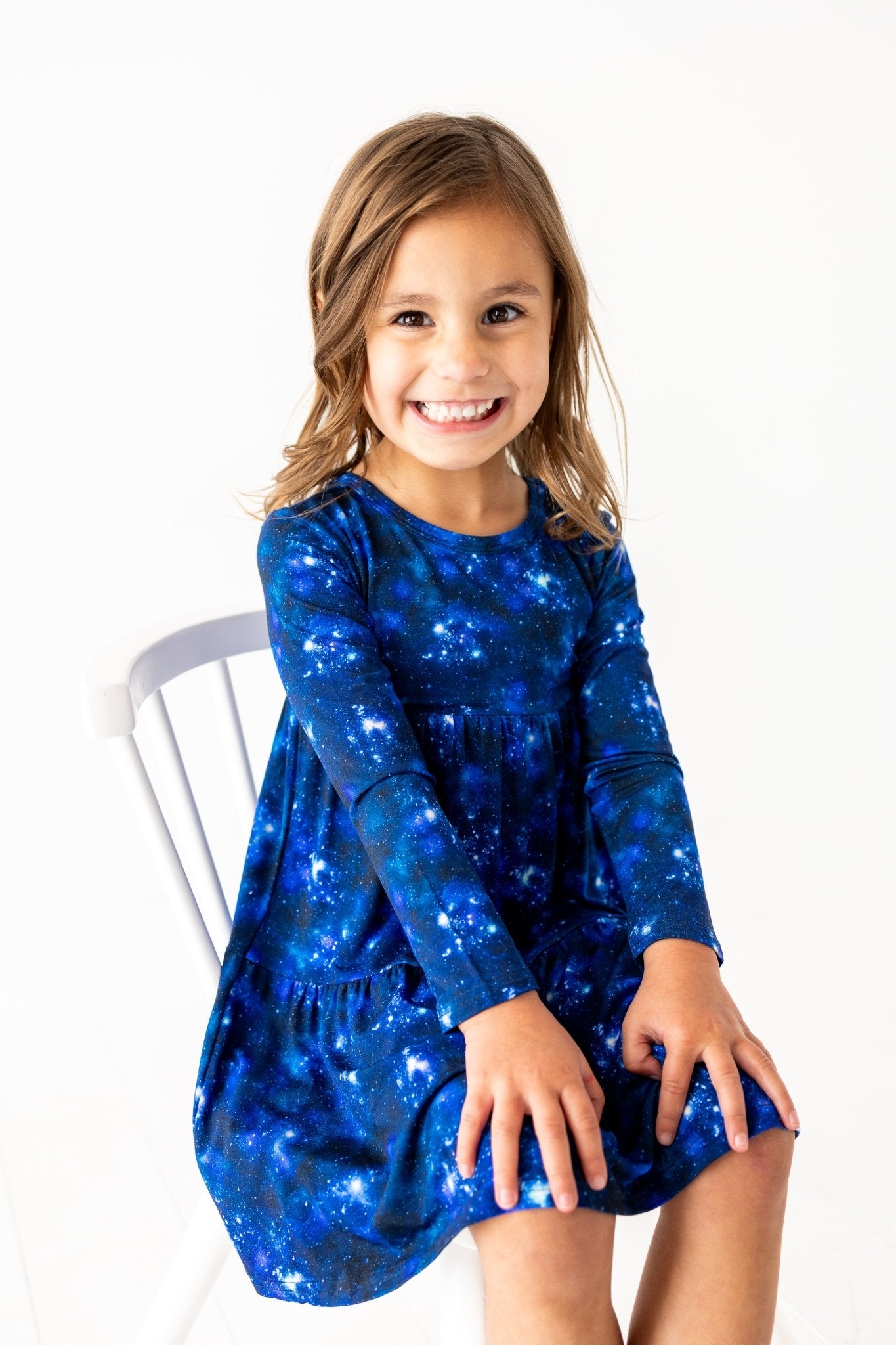 TIERED LONG SLEEVE TWIRL DRESS - SPACED OUT - The Sleepy Sloth