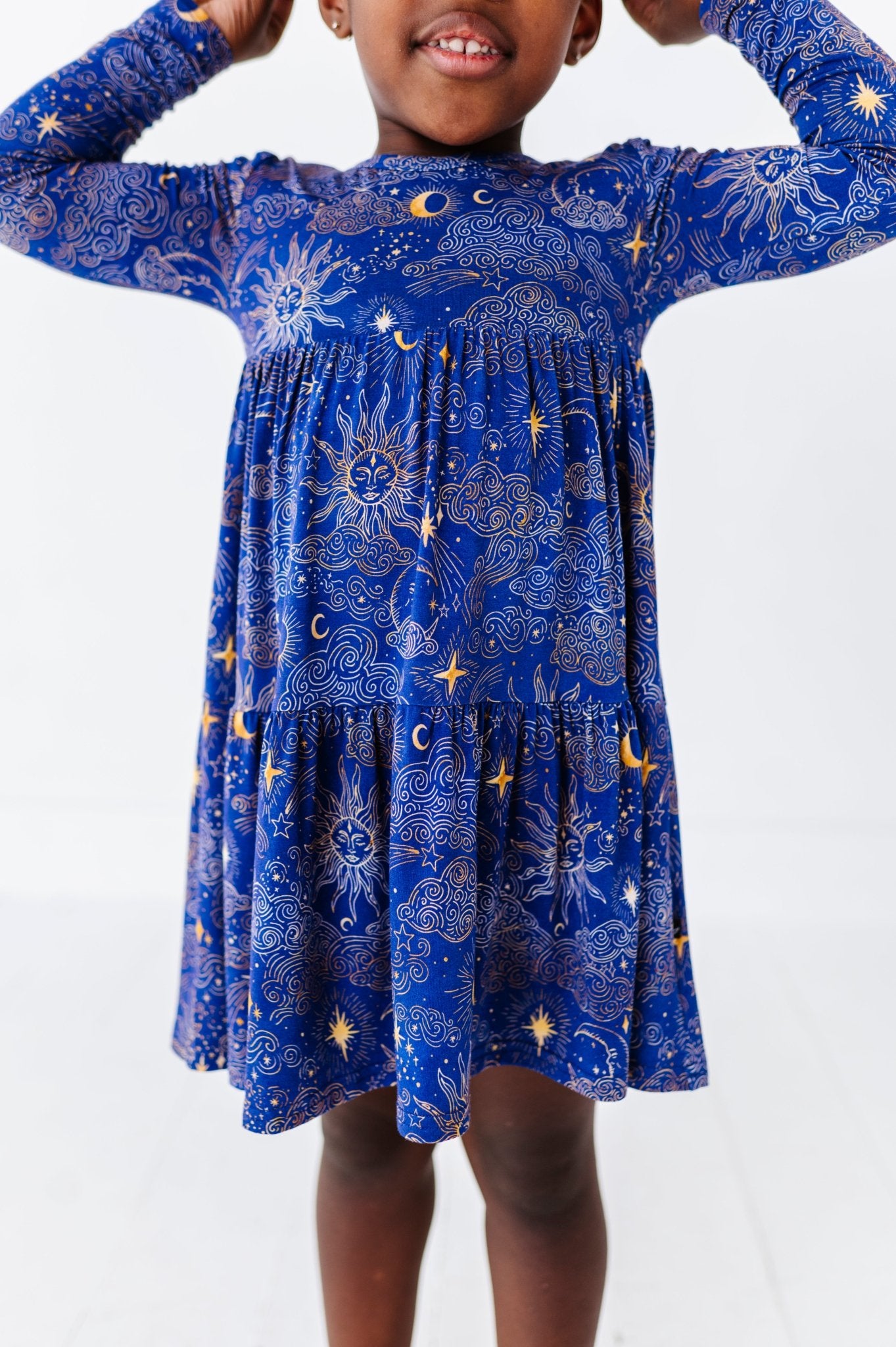 TIERED LONG SLEEVE TWIRLIE DRESS - MYSTIC SKY - The Sleepy Sloth