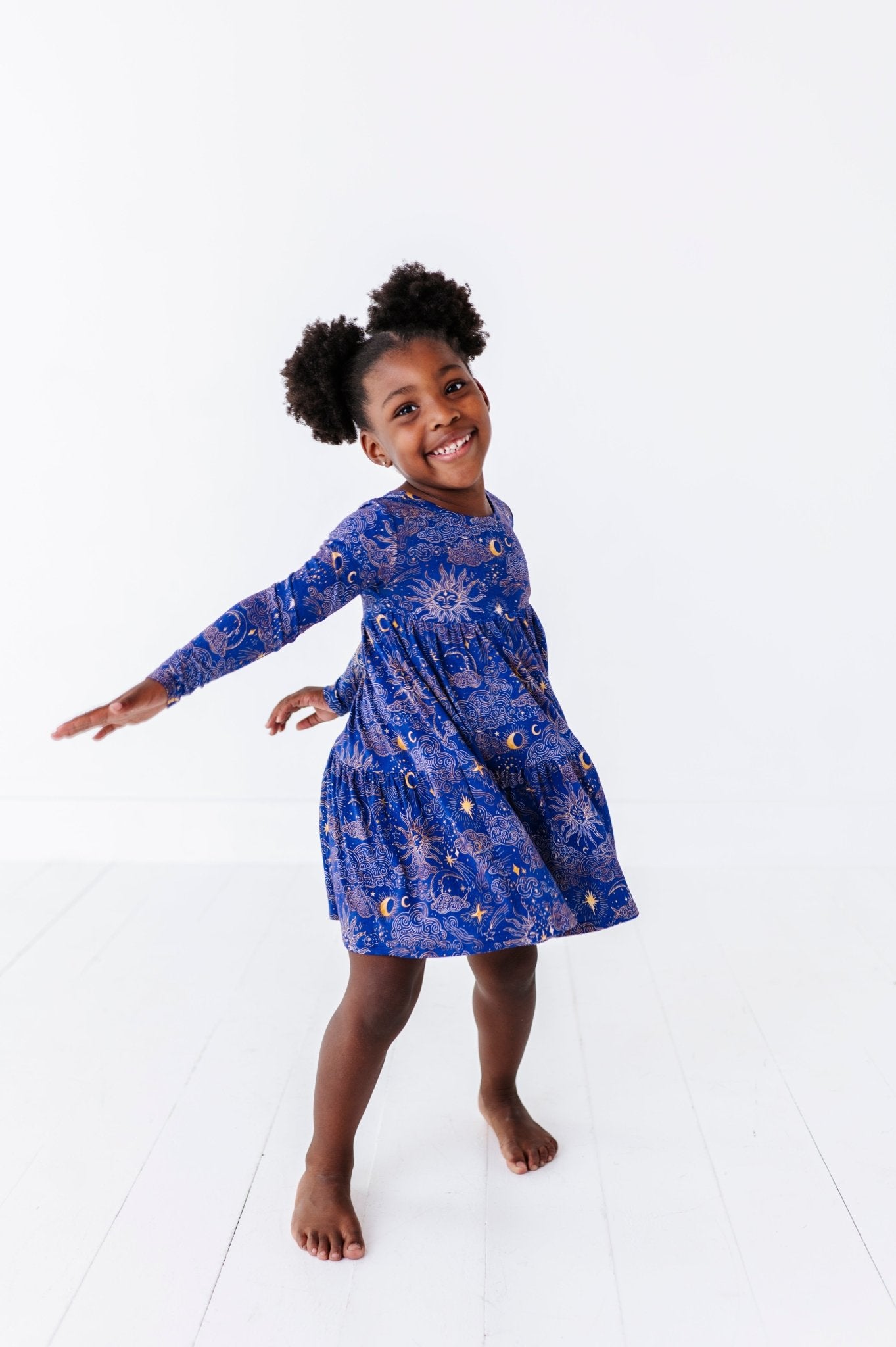 TIERED LONG SLEEVE TWIRLIE DRESS - MYSTIC SKY - The Sleepy Sloth