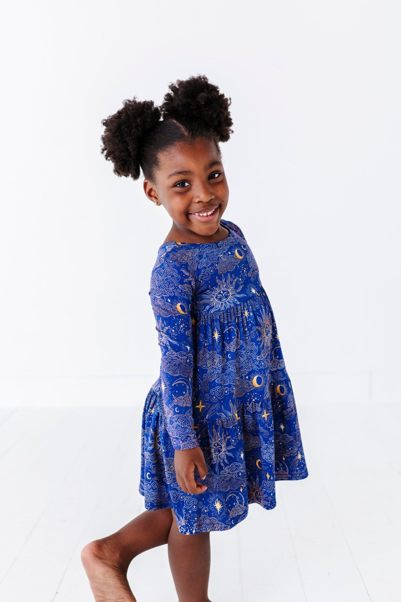 TIERED LONG SLEEVE TWIRLIE DRESS - MYSTIC SKY - The Sleepy Sloth