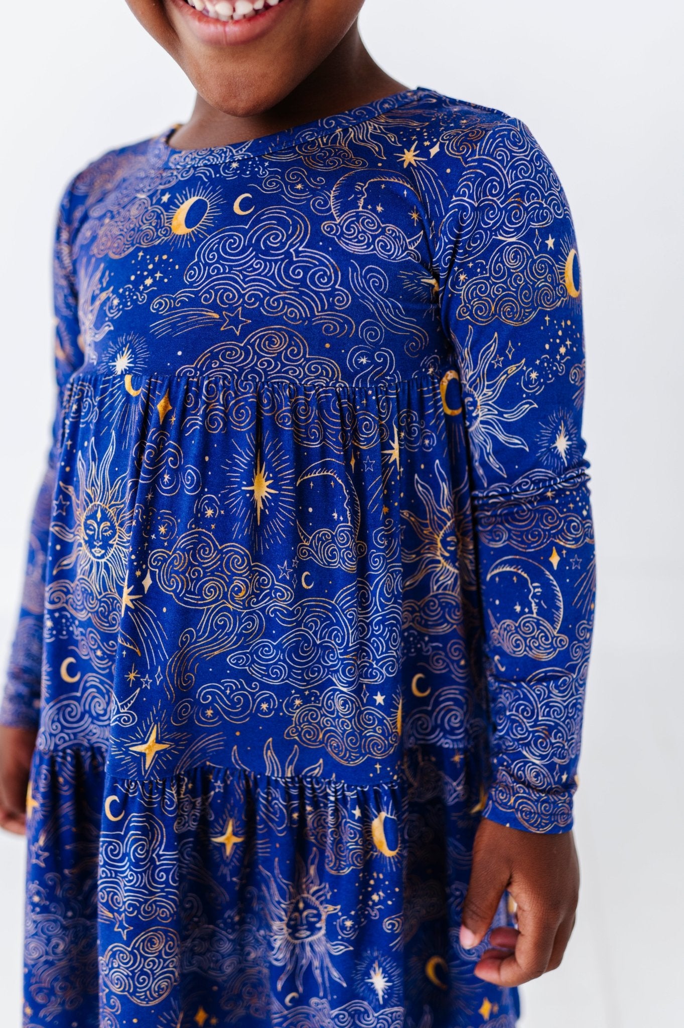 TIERED LONG SLEEVE TWIRLIE DRESS - MYSTIC SKY - The Sleepy Sloth