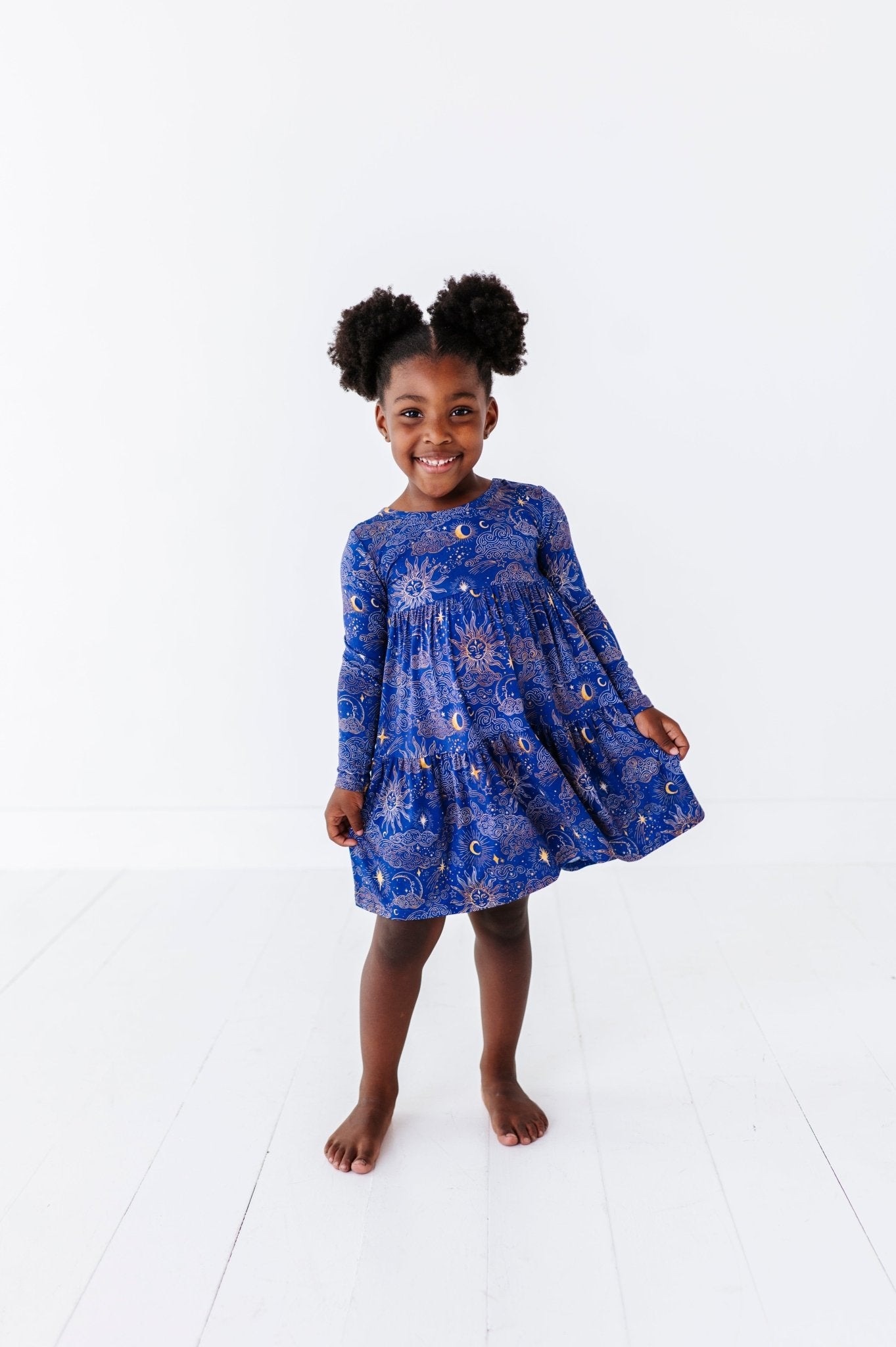 TIERED LONG SLEEVE TWIRLIE DRESS - MYSTIC SKY - The Sleepy Sloth