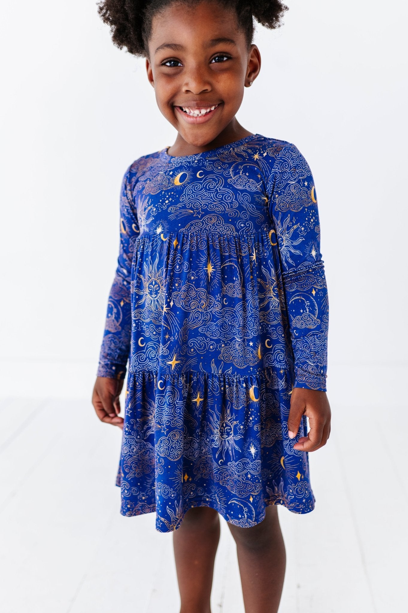 TIERED LONG SLEEVE TWIRLIE DRESS - MYSTIC SKY - The Sleepy Sloth