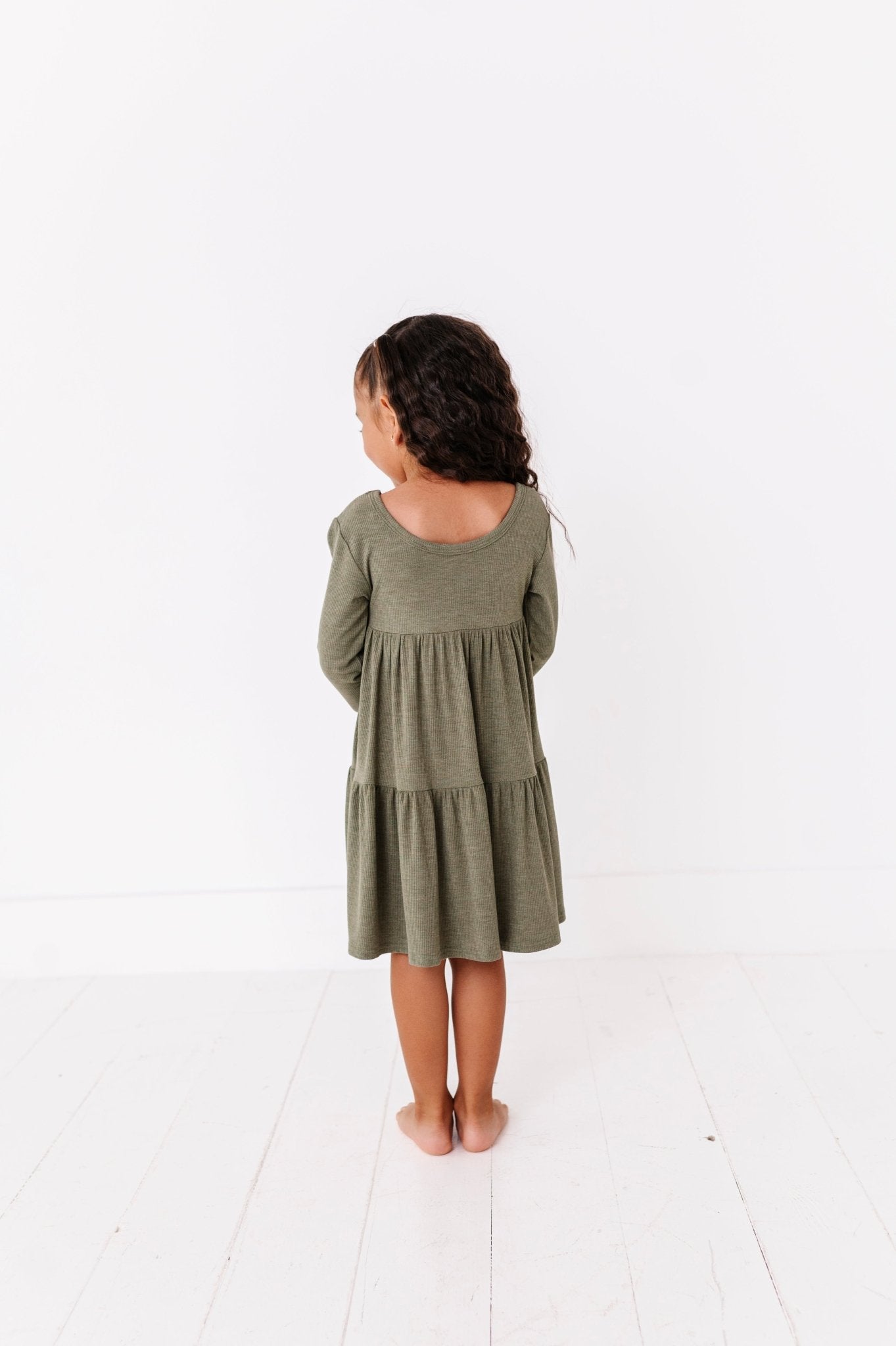 TIERED LONG SLEEVE TWIRLIE DRESS - OLIVE - The Sleepy Sloth