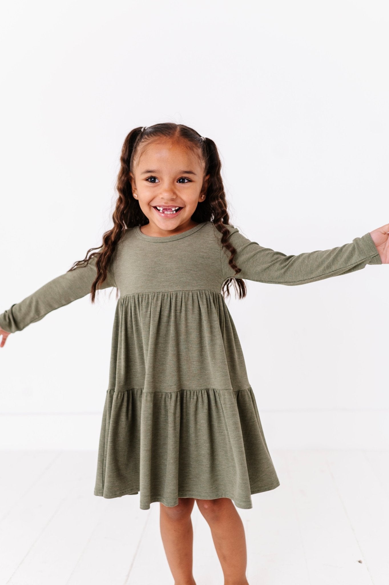 TIERED LONG SLEEVE TWIRLIE DRESS - OLIVE - The Sleepy Sloth