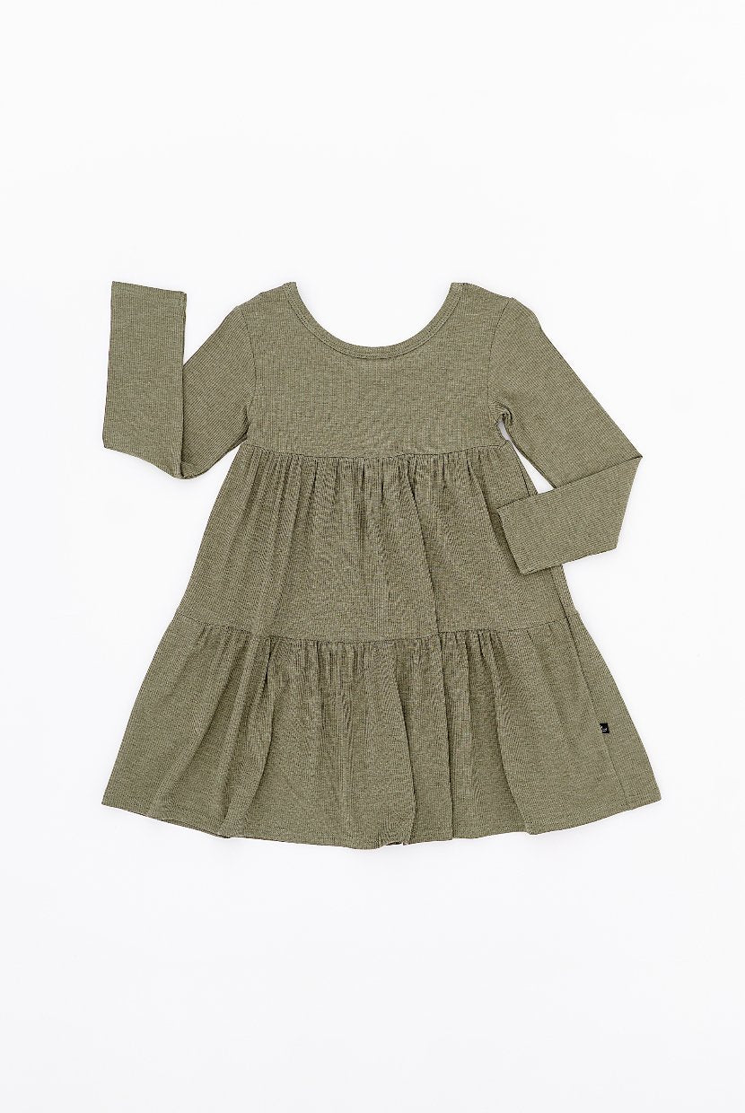 TIERED LONG SLEEVE TWIRLIE DRESS - OLIVE - The Sleepy Sloth