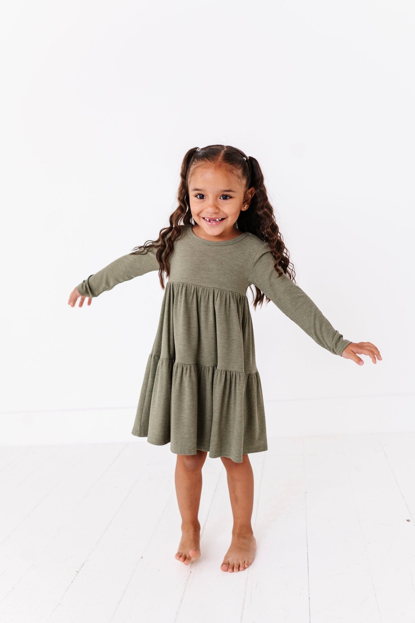 TIERED LONG SLEEVE TWIRLIE DRESS - OLIVE - The Sleepy Sloth