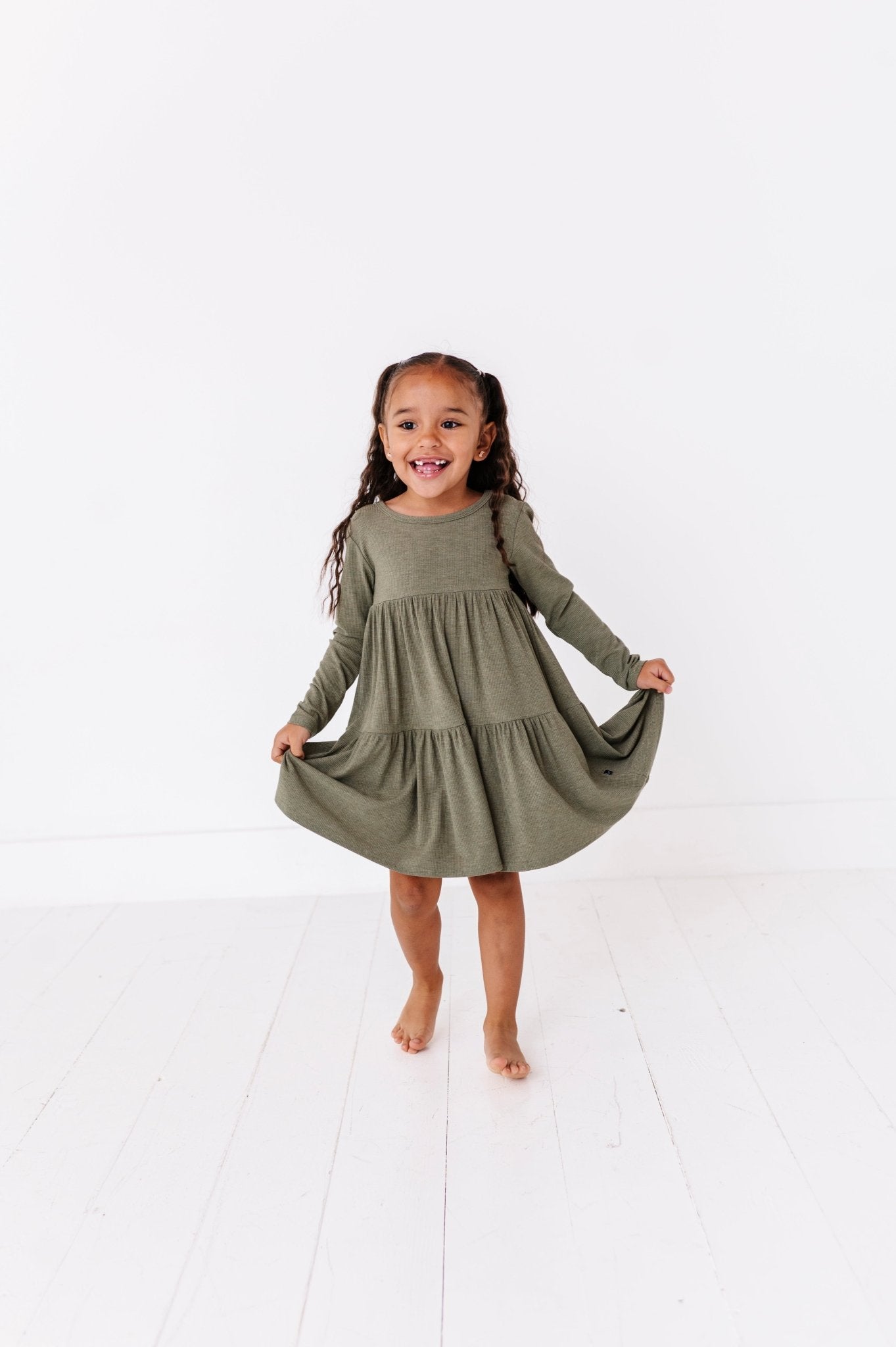 TIERED LONG SLEEVE TWIRLIE DRESS - OLIVE - The Sleepy Sloth