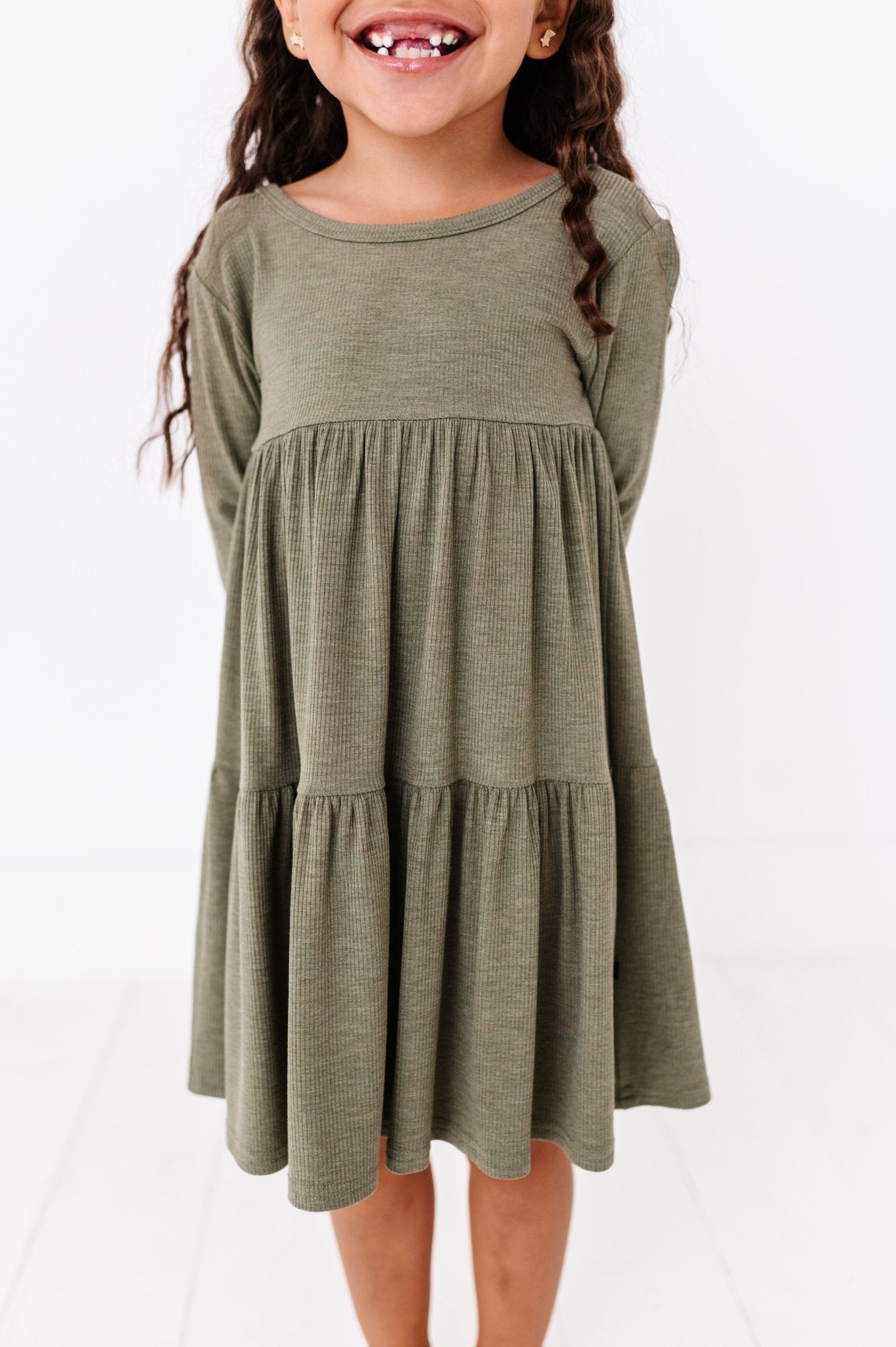 TIERED LONG SLEEVE TWIRLIE DRESS - OLIVE - The Sleepy Sloth