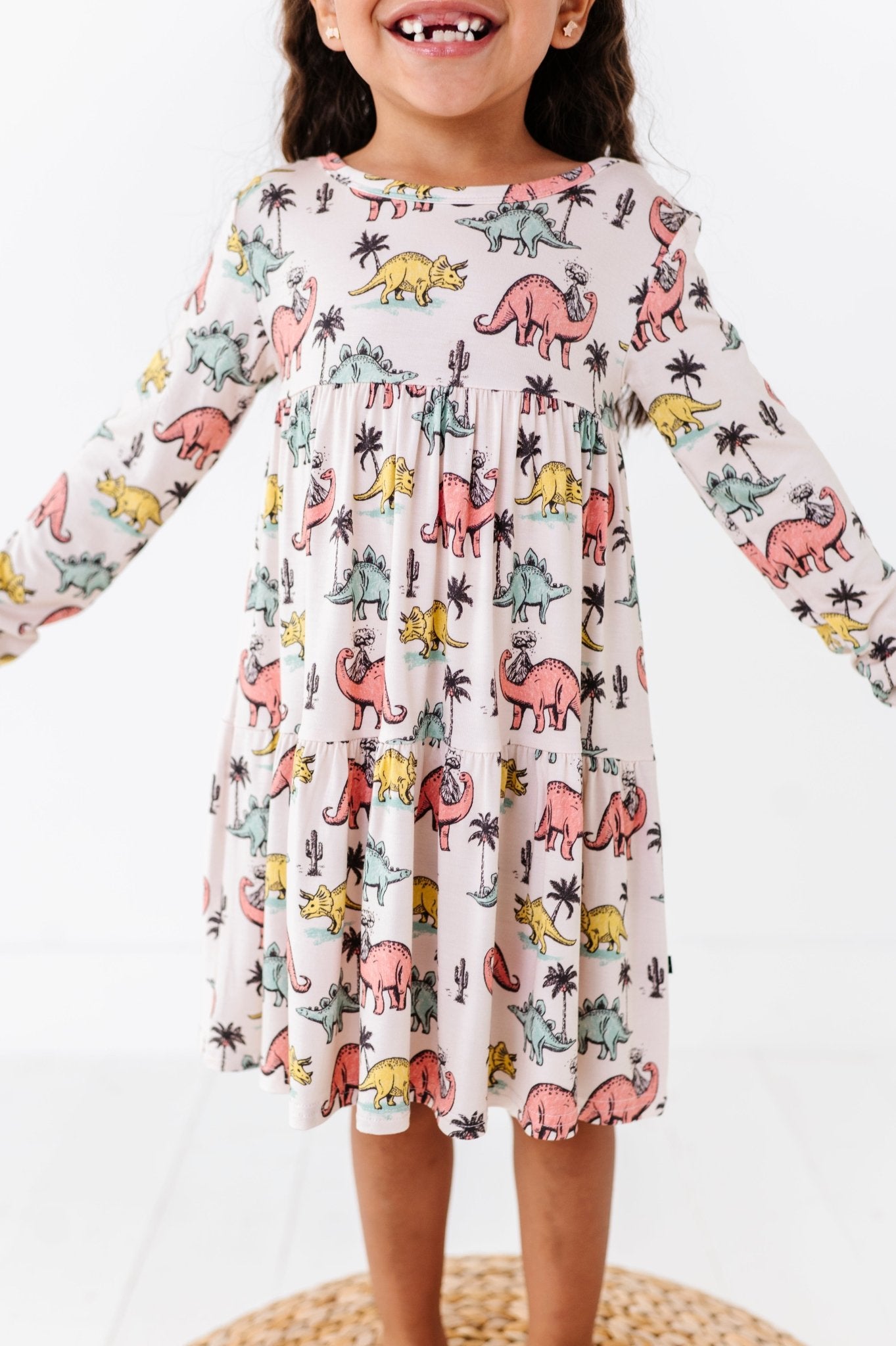 TIERED LONG SLEEVE TWIRLIE DRESS - PREHISTORIC - The Sleepy Sloth