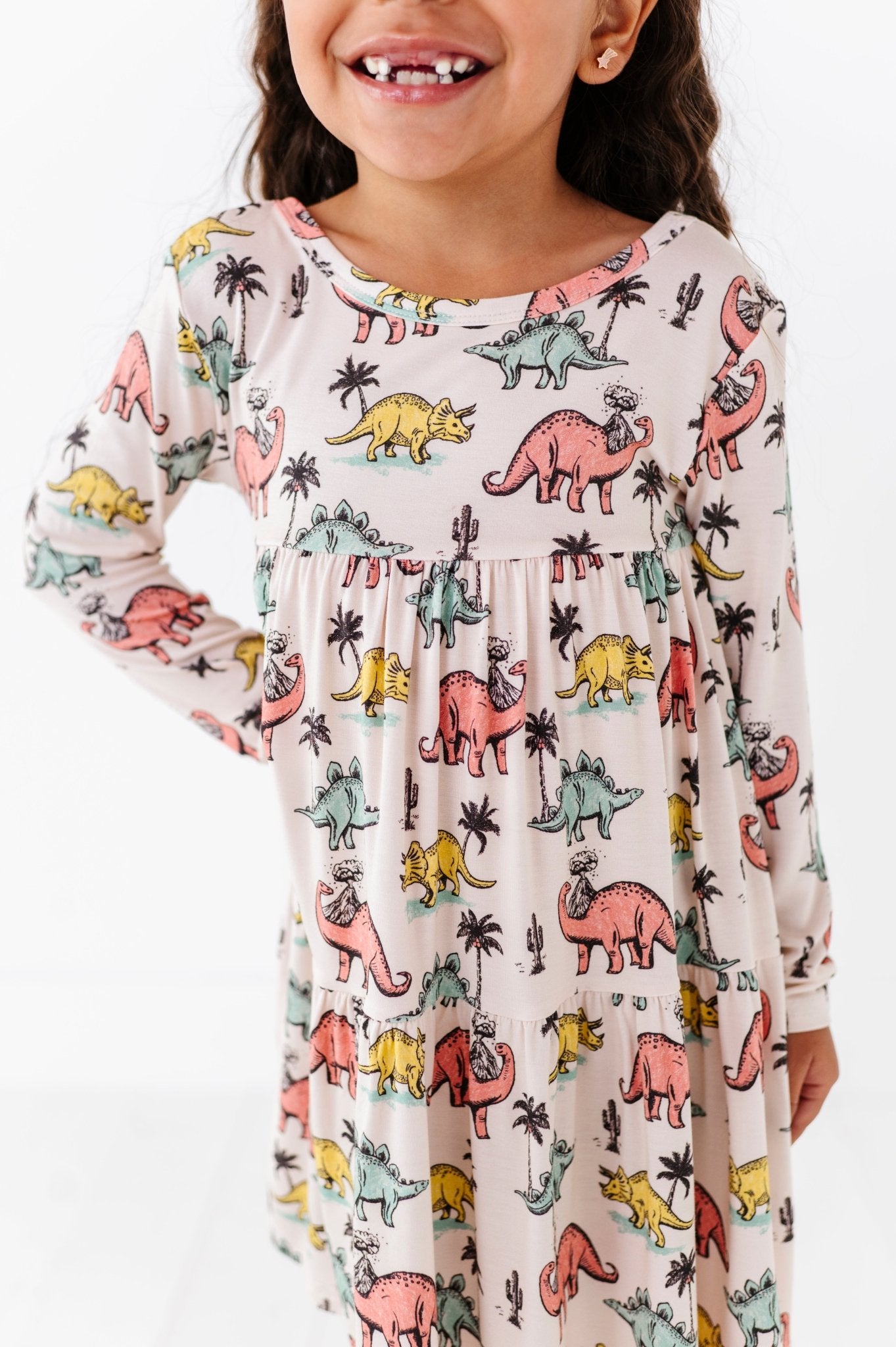 TIERED LONG SLEEVE TWIRLIE DRESS - PREHISTORIC - The Sleepy Sloth