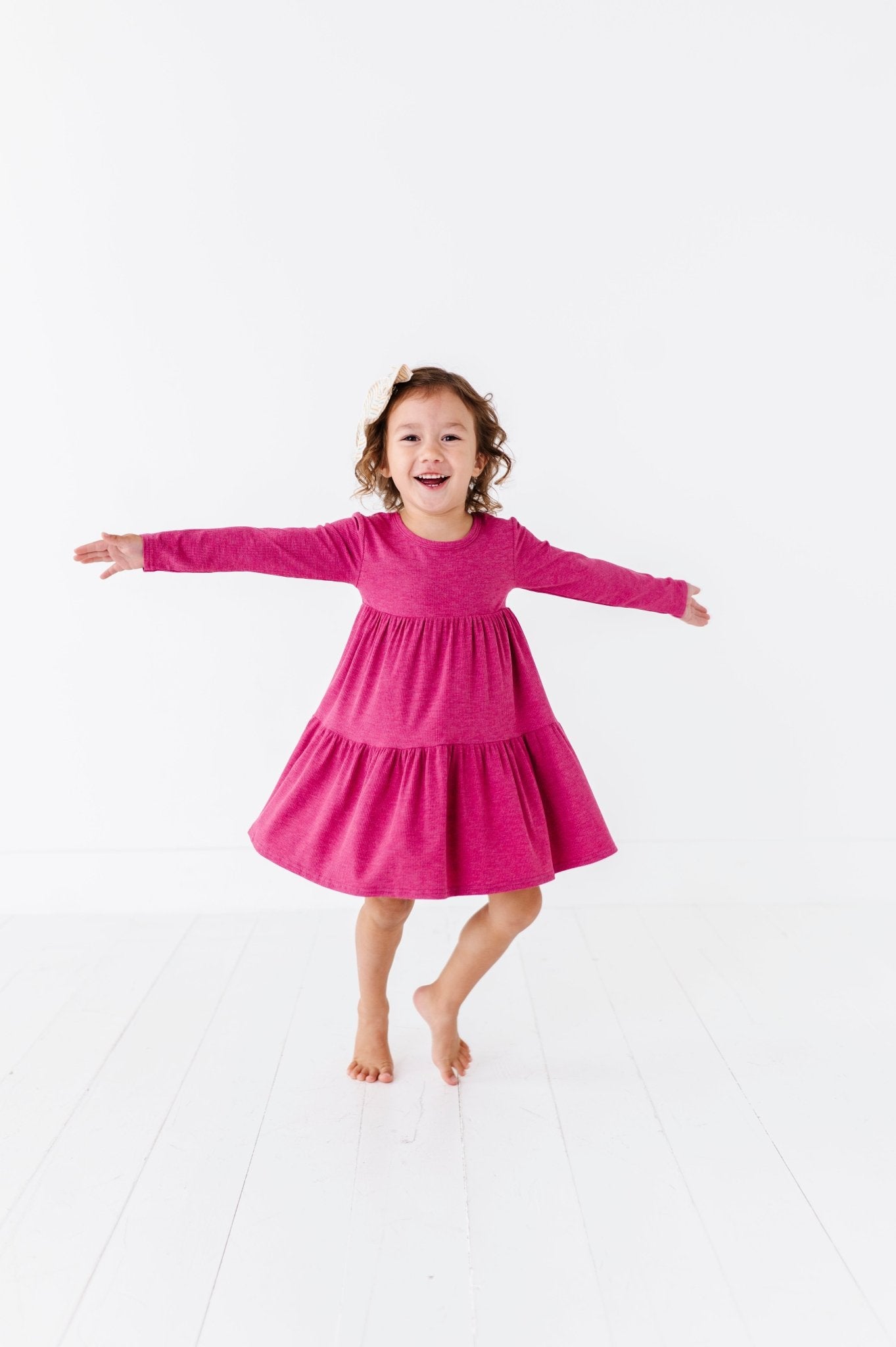 TIERED LONG SLEEVE TWIRLIE DRESS - RASPBERRY - The Sleepy Sloth