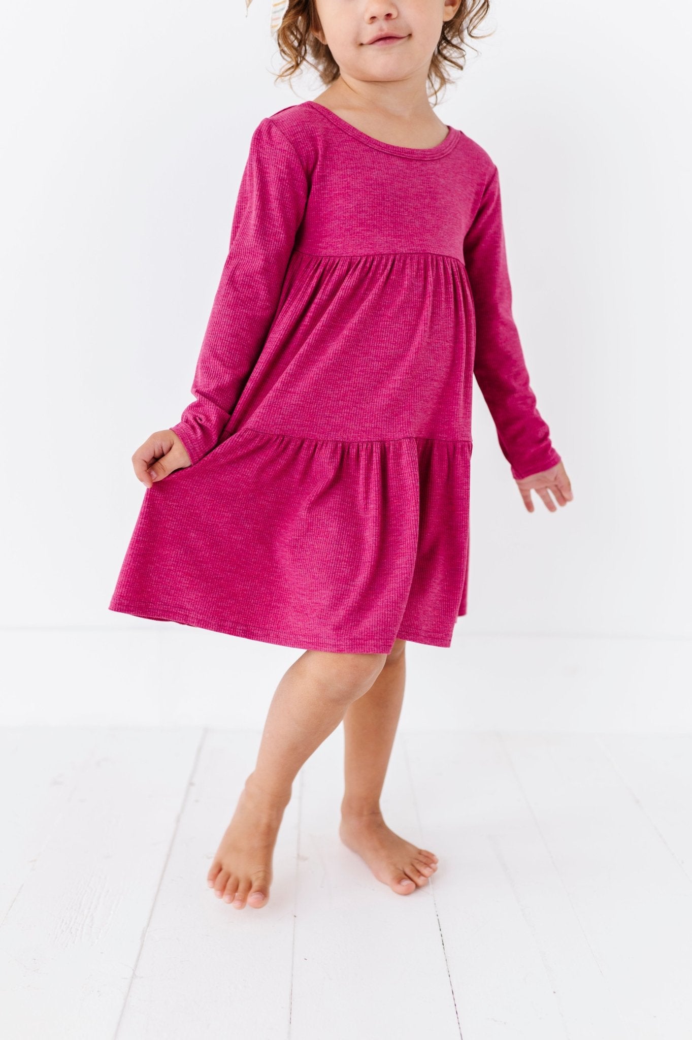 TIERED LONG SLEEVE TWIRLIE DRESS - RASPBERRY - The Sleepy Sloth